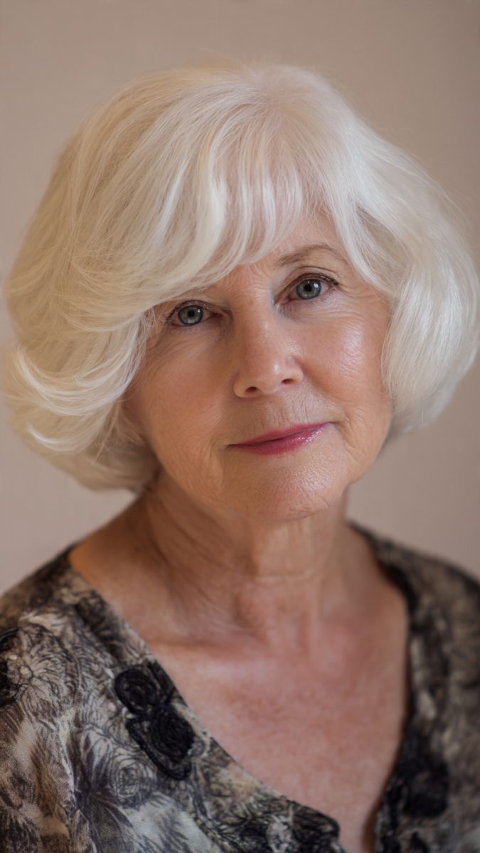 Going Gray: A Cloud-Soft White Bob — woman over 70 comparing going gray versus keeping hair color