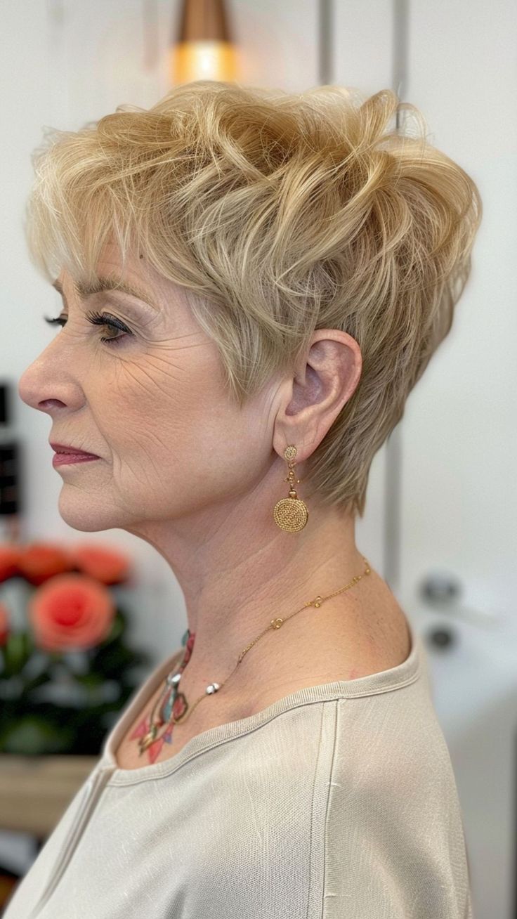 Keeping Colour: A Golden Pixie in Profile — woman over 70 comparing going gray versus keeping hair color