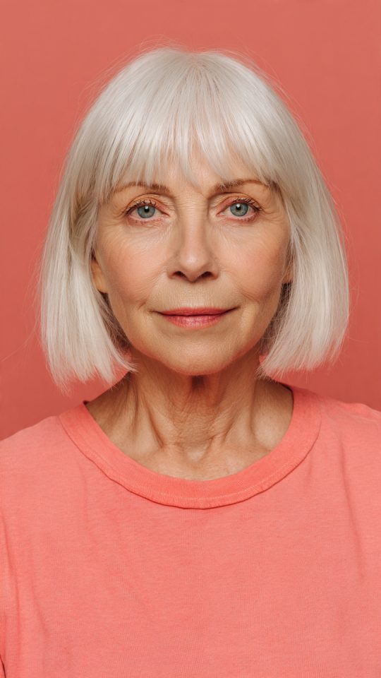 Going Gray: A Pure White Bob With a Gentle Fringe — woman over 70 comparing going gray versus keeping hair color