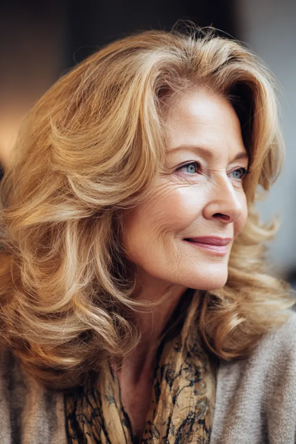 Keeping Colour: Golden Waves With Sunlit Ends — woman over 70 comparing going gray versus keeping hair color