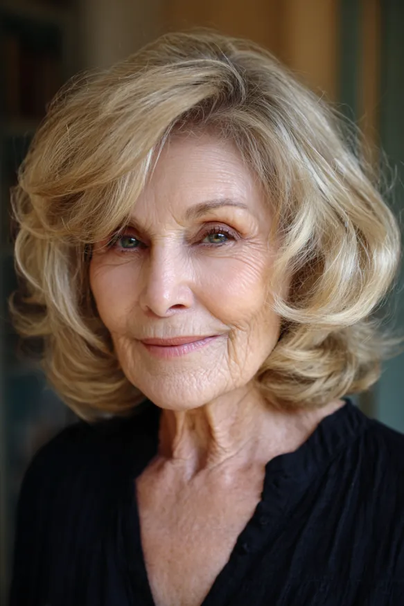 Keeping Colour: Champagne Waves With a Deep Side Part — woman over 70 comparing going gray versus keeping hair color