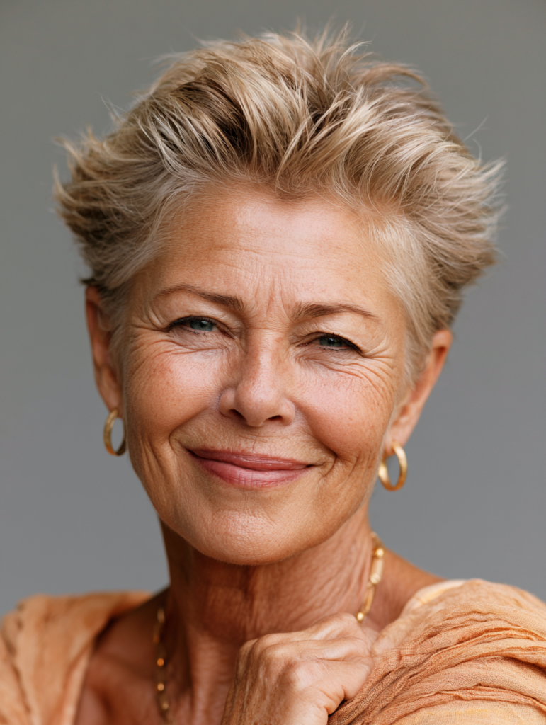 Keeping Colour: A Sandy Pixie With Lift at the Crown — woman over 70 comparing going gray versus keeping hair color