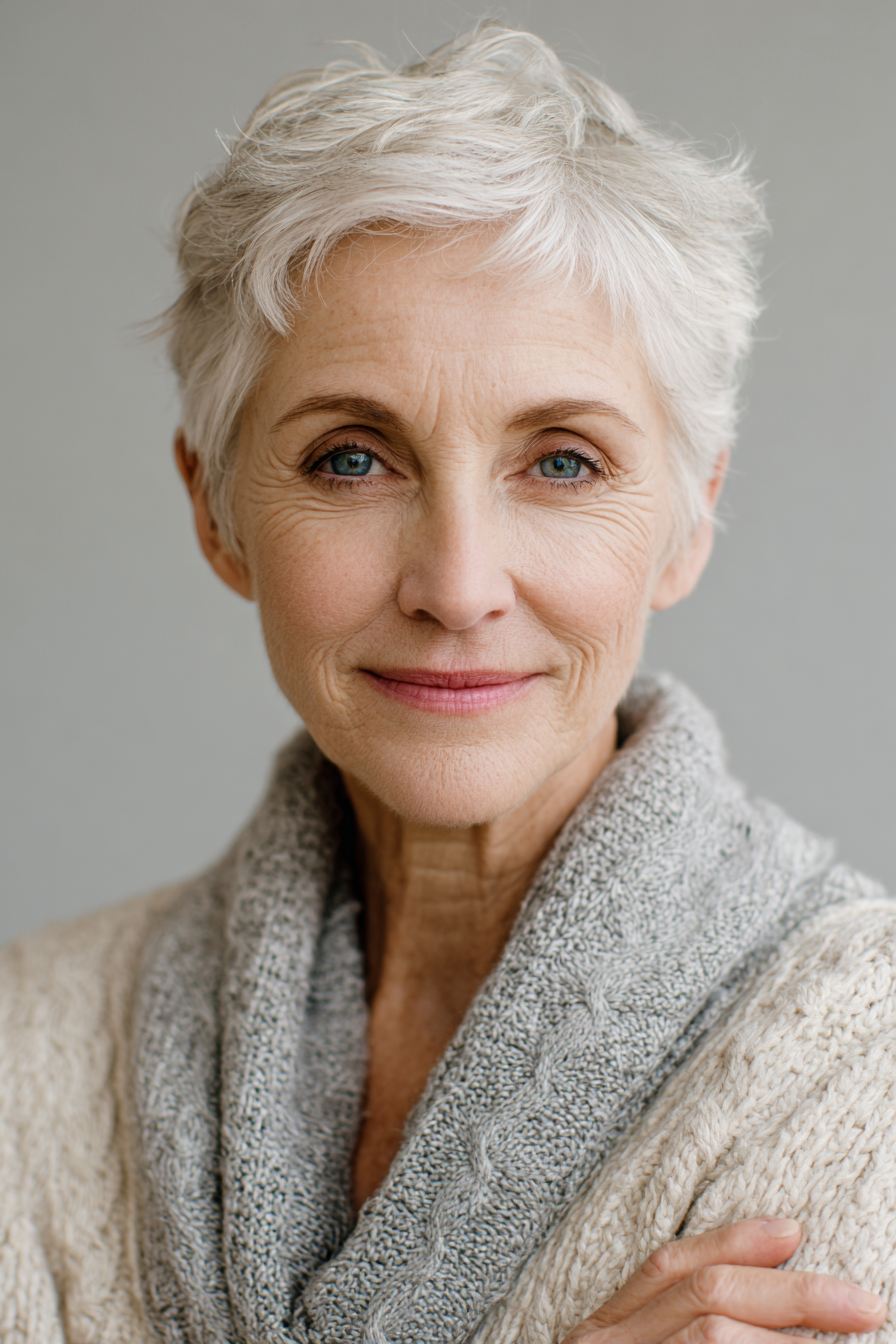 Going Gray: A Snowy Pixie and a Cashmere Scarf — woman over 70 comparing going gray versus keeping hair color
