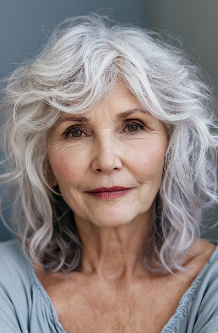 Going Gray: Wild White Waves, Completely Yourself — woman over 70 comparing going gray versus keeping hair color