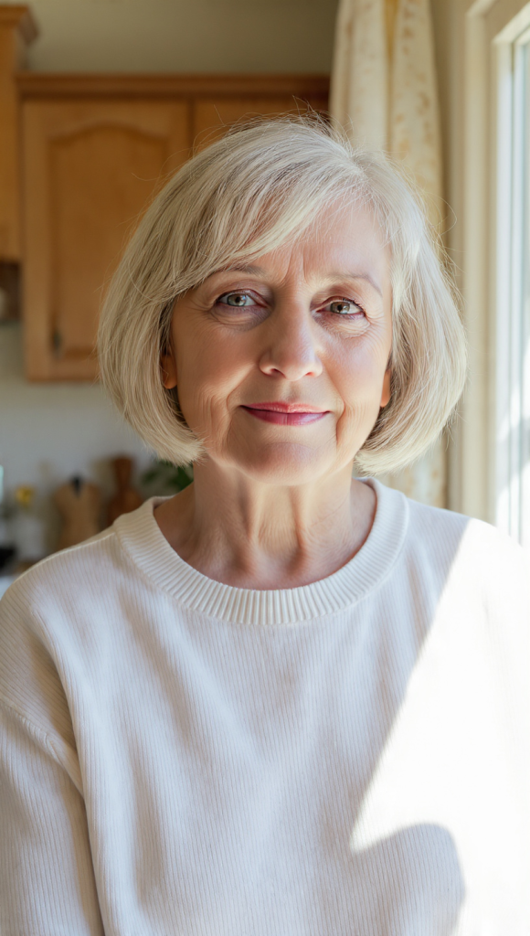 Going Gray: A Snow-White Bob, Simple and Serene — woman over 70 comparing going gray versus keeping hair color