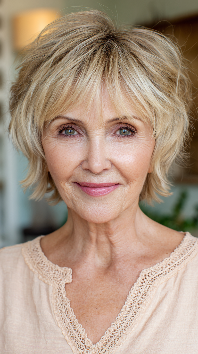 Honey Blonde Layers With a Soft Fringe — flattering hair color on a woman over 70 that brightens mature skin