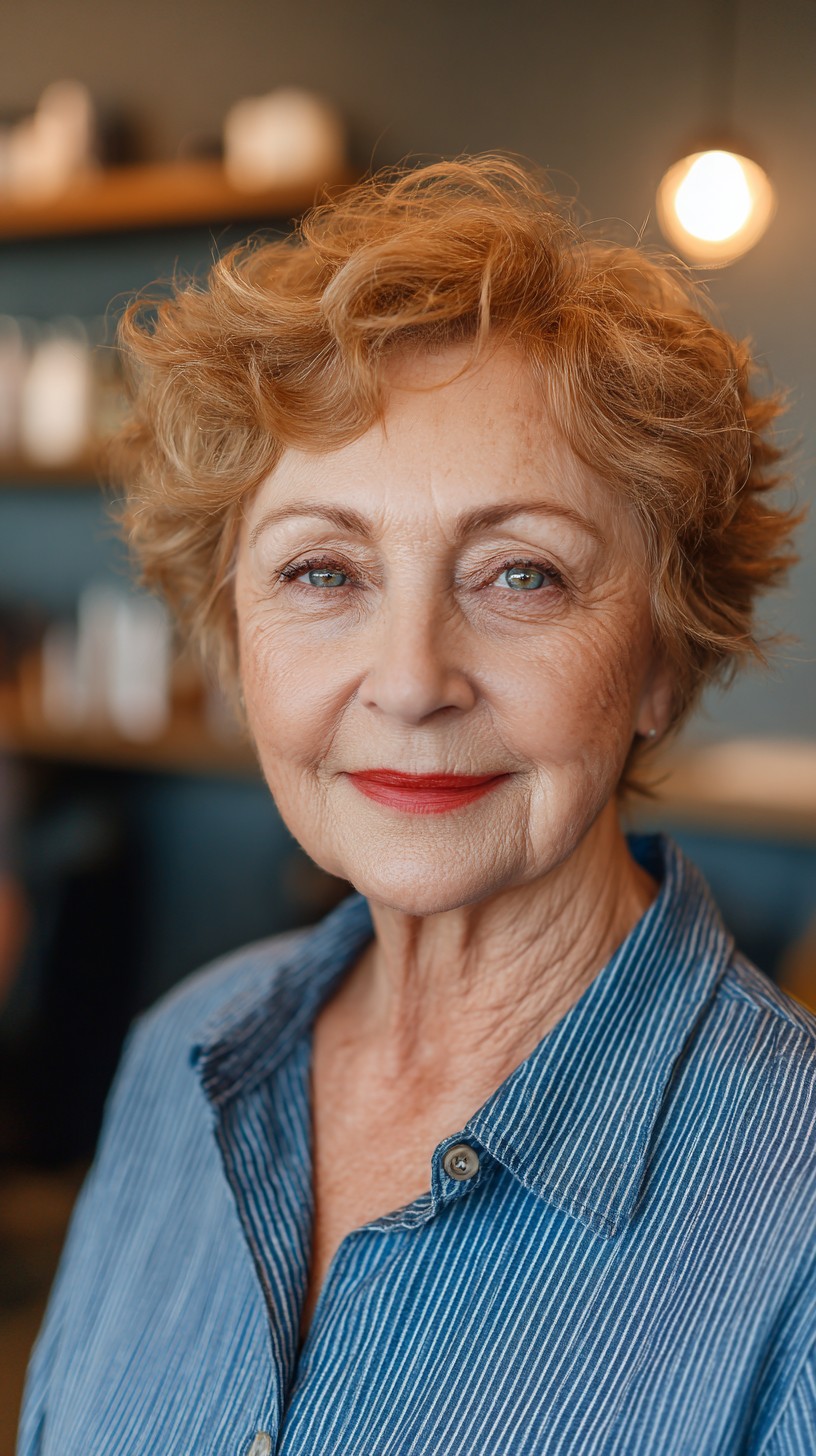 Warm Copper Curls Full of Bounce — flattering hair color on a woman over 70 that brightens mature skin