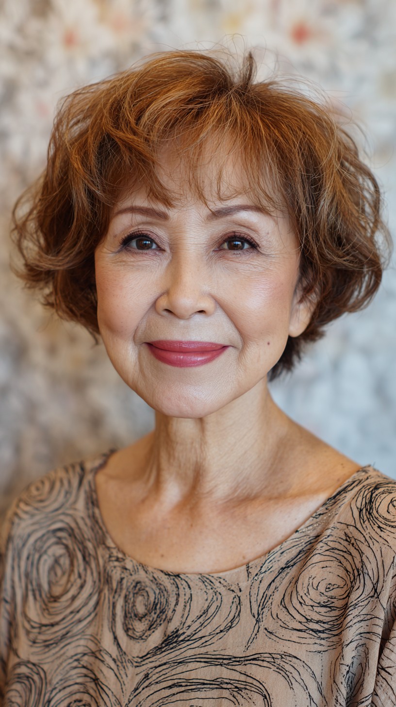 Soft Auburn Waves With a Gentle Glow — flattering hair color on a woman over 70 that brightens mature skin