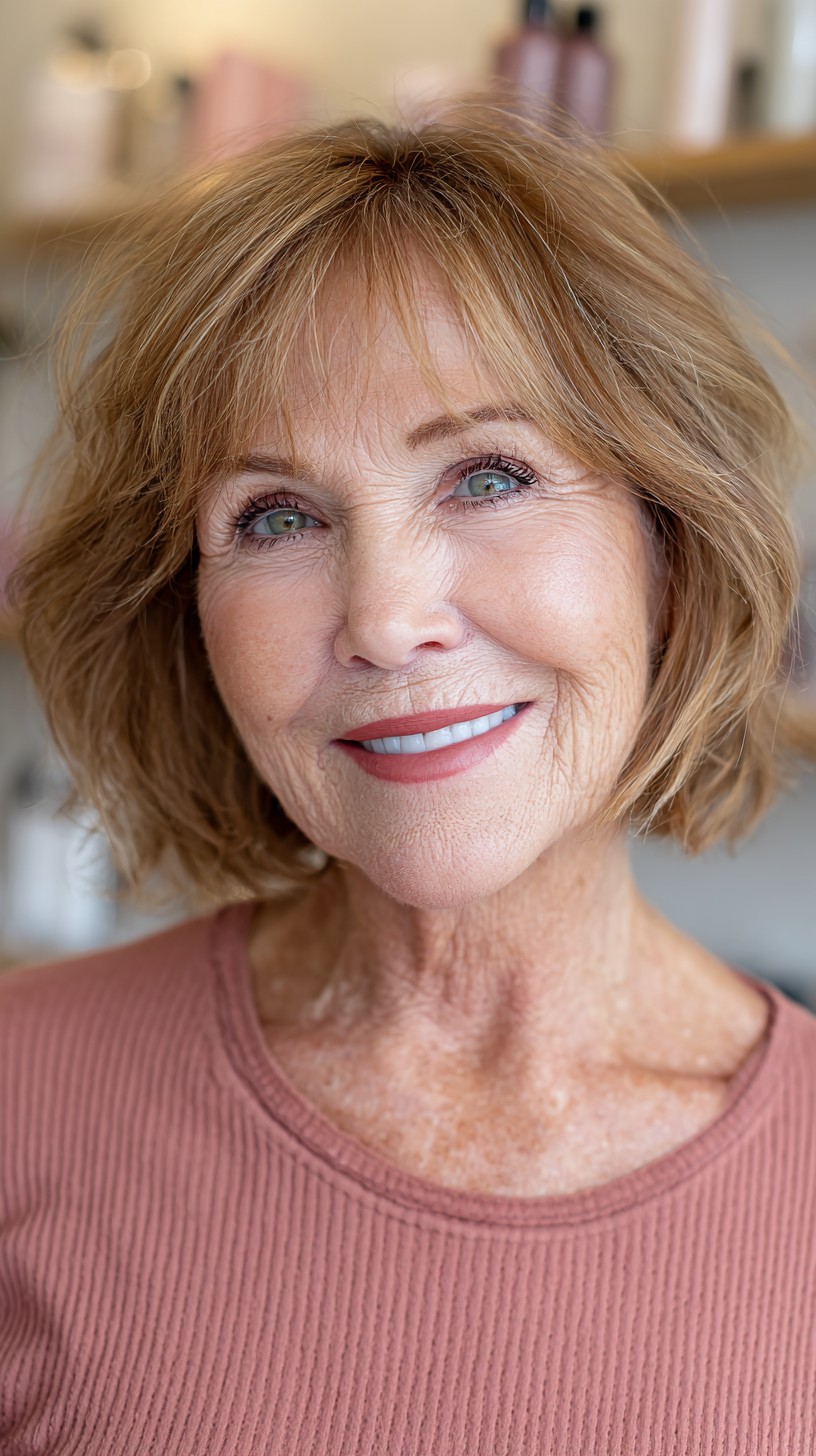 Honeyed Blonde Bob With Feathered Ends — flattering hair color on a woman over 70 that brightens mature skin