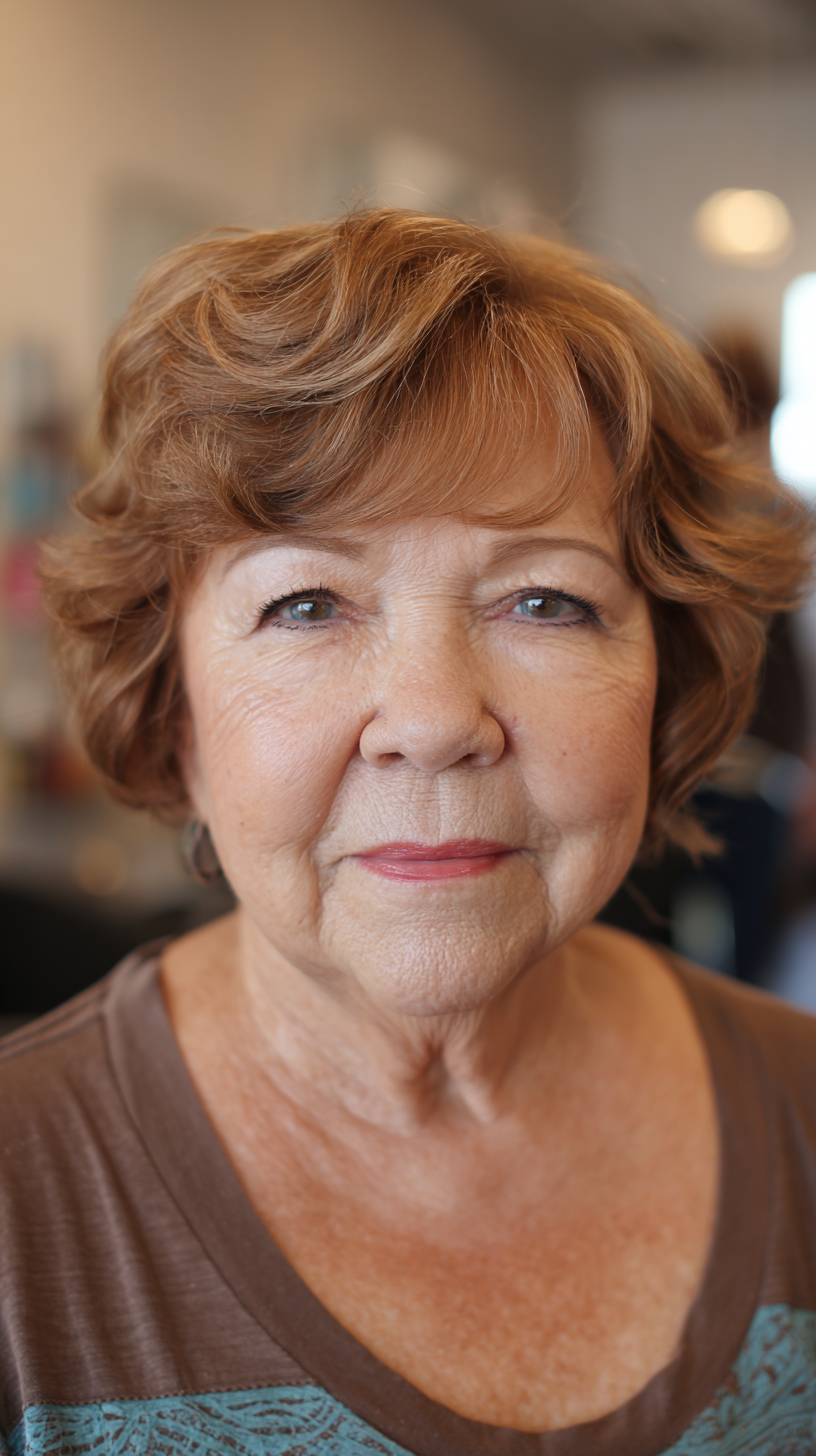 Cinnamon-Kissed Light Brown Layers — flattering hair color on a woman over 70 that brightens mature skin