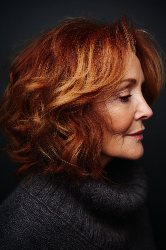 Rich Copper Waves in Elegant Profile — flattering hair color on a woman over 70 that brightens mature skin