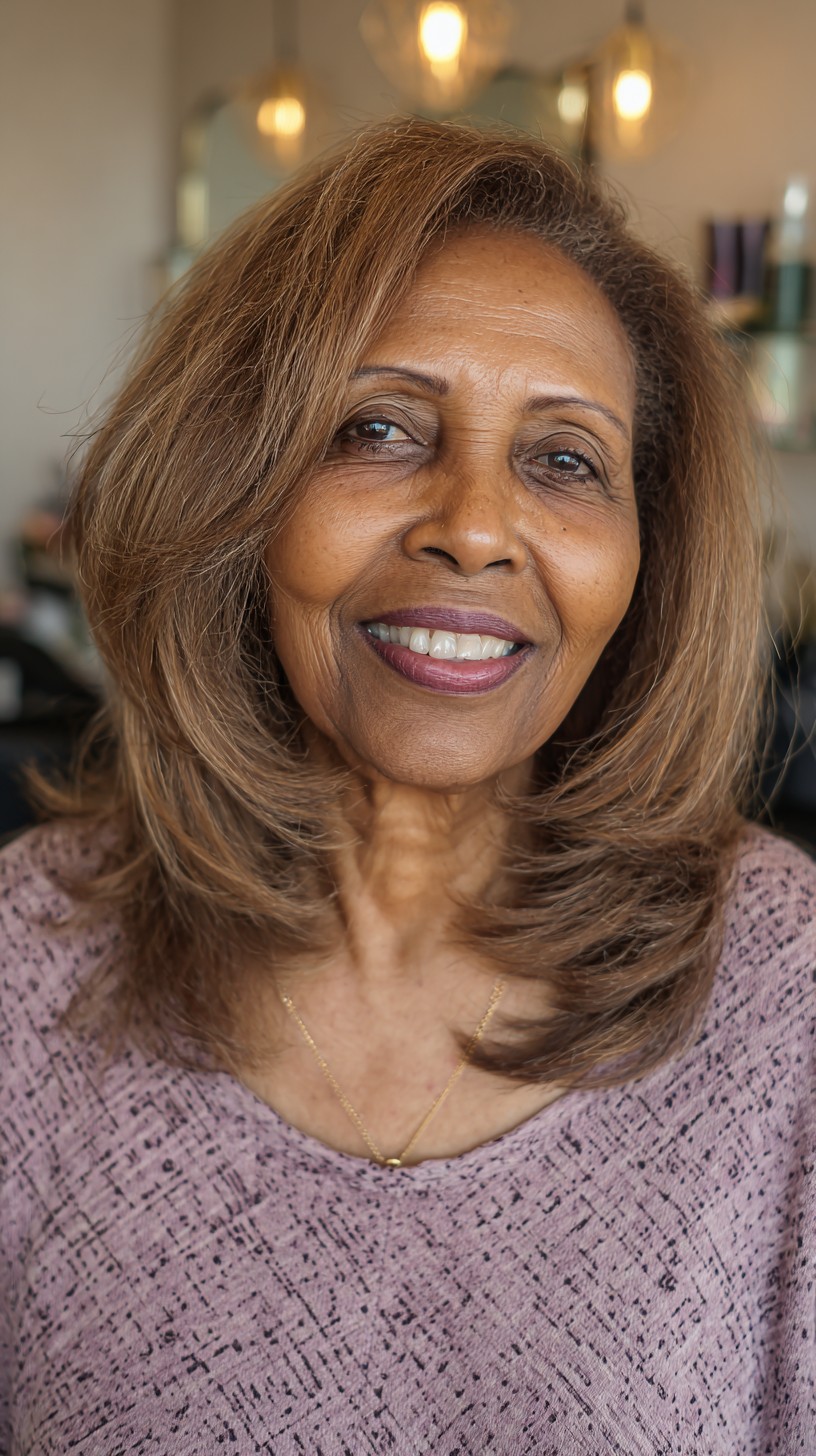 Caramel Balayage Layers That Glow on Deep Skin — flattering hair color on a woman over 70 that brightens mature skin