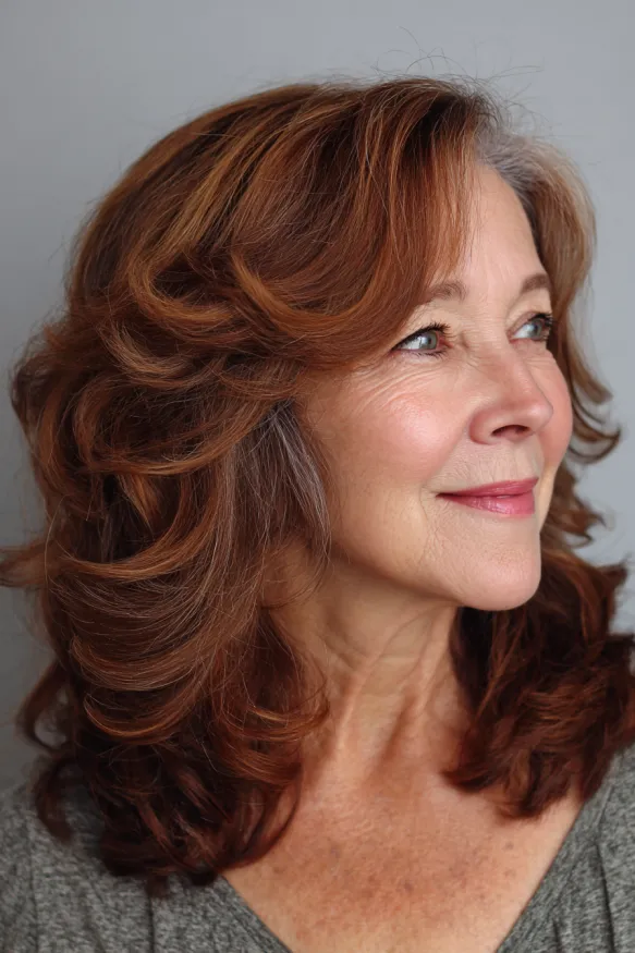 Auburn Waves With Silver Just Peeking Through — flattering hair color on a woman over 70 that brightens mature skin