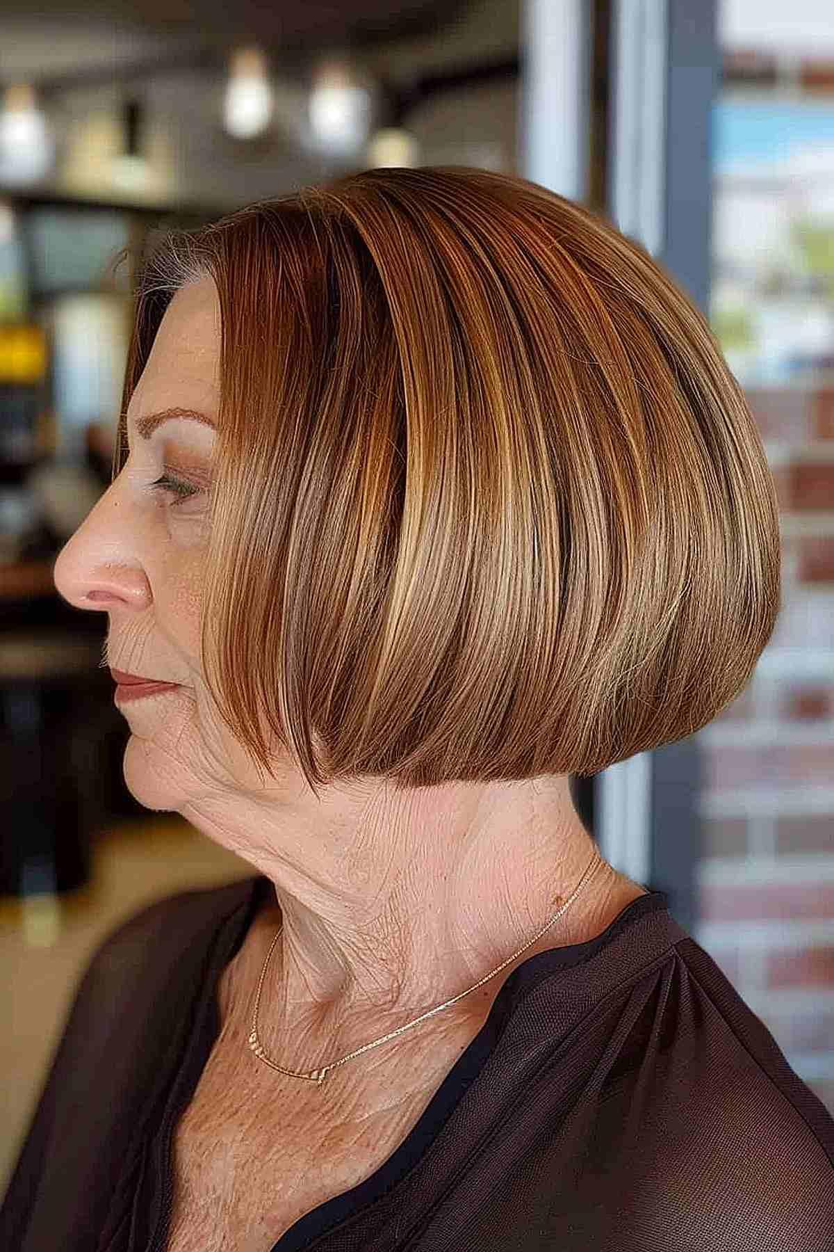 Sleek Copper-Brown Bob With Ribbon Lights — flattering hair color on a woman over 70 that brightens mature skin
