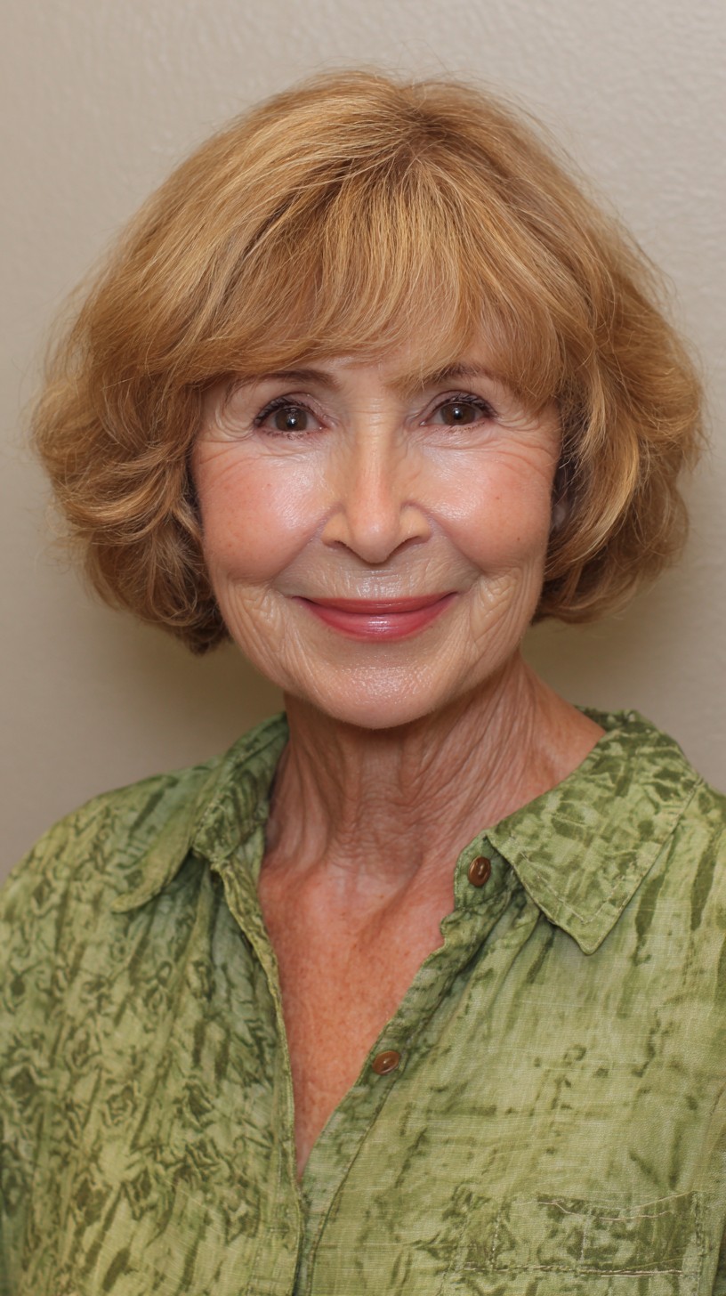 Golden Blonde Curls With a Soft Fringe — flattering hair color on a woman over 70 that brightens mature skin