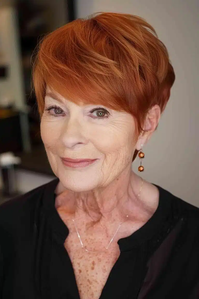 Bright Copper Pixie With a Tapered Nape — flattering hair color on a woman over 70 that brightens mature skin