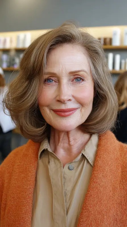Mushroom Blonde Bob With a Curtain Fringe — flattering hair color on a woman over 70 that brightens mature skin