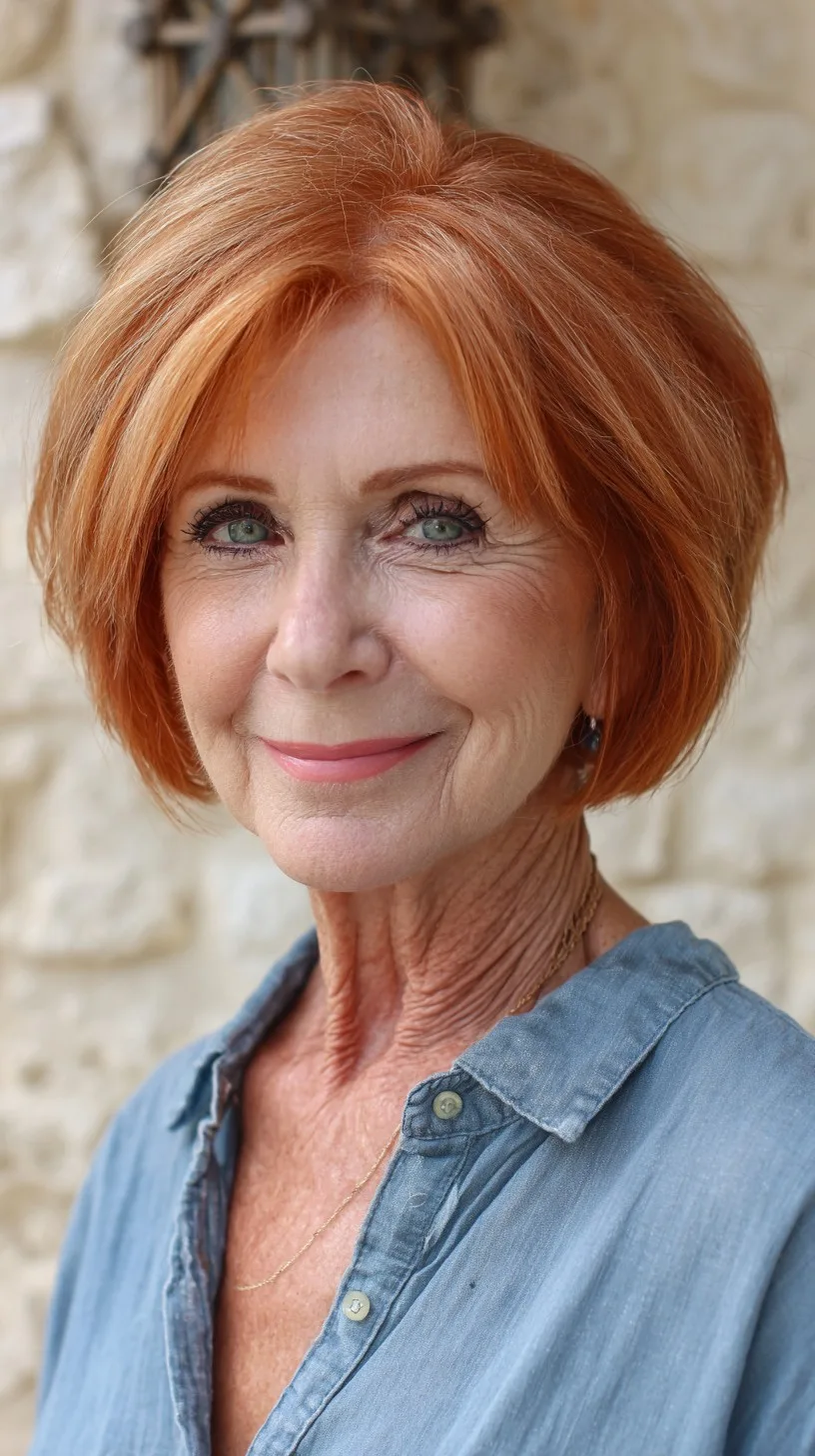 Strawberry Blonde Bob With Warm Shine — flattering hair color on a woman over 70 that brightens mature skin