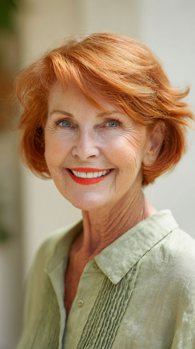 Light Copper Layers With a Joyful Finish — flattering hair color on a woman over 70 that brightens mature skin
