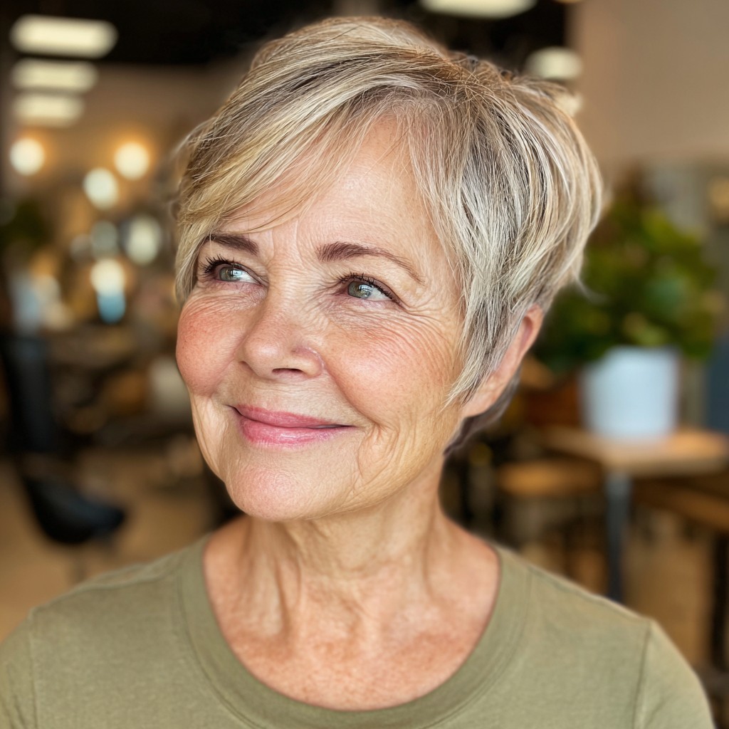 Vanilla Blonde Pixie With Silver Lights — flattering hair color on a woman over 70 that brightens mature skin
