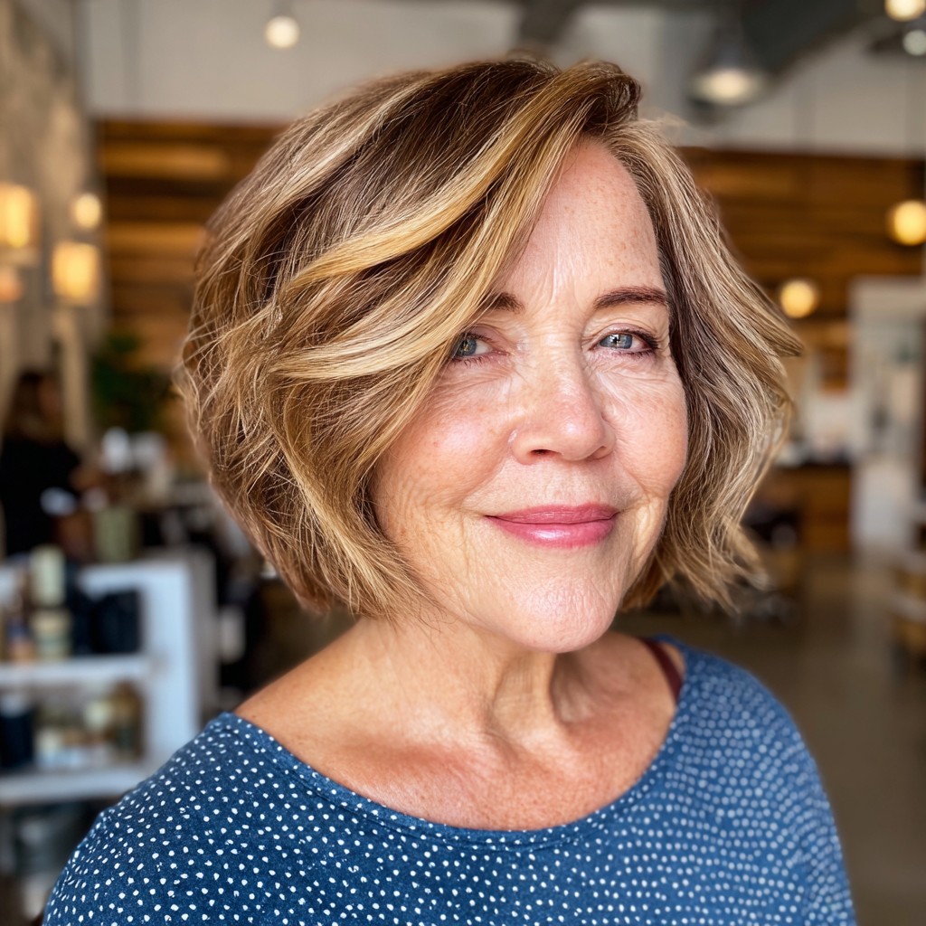 Caramel-Ribbon Bob With Face-Framing Highlights — flattering hair color on a woman over 70 that brightens mature skin