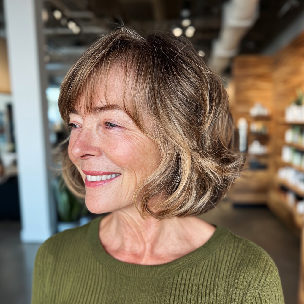 Mocha Blonde Bob With a Smiling Side Sweep — flattering hair color on a woman over 70 that brightens mature skin