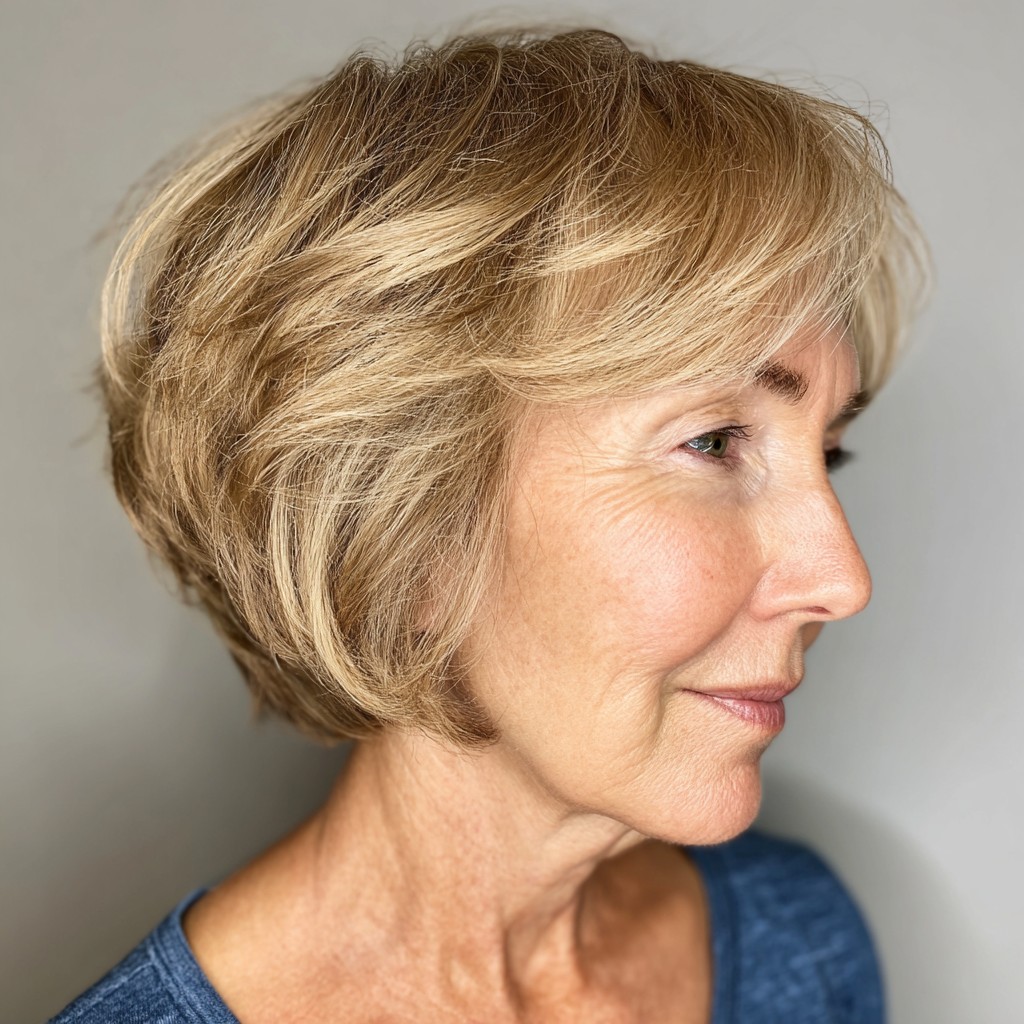 Golden Blonde Stacked Bob in Profile — flattering hair color on a woman over 70 that brightens mature skin