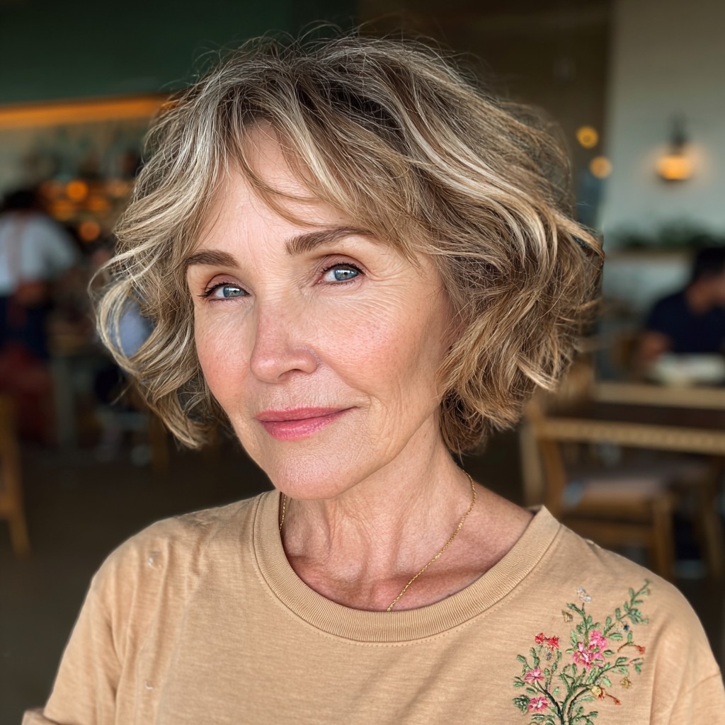 Sandy Blonde Waves With Gray-Kissed Roots — flattering hair color on a woman over 70 that brightens mature skin