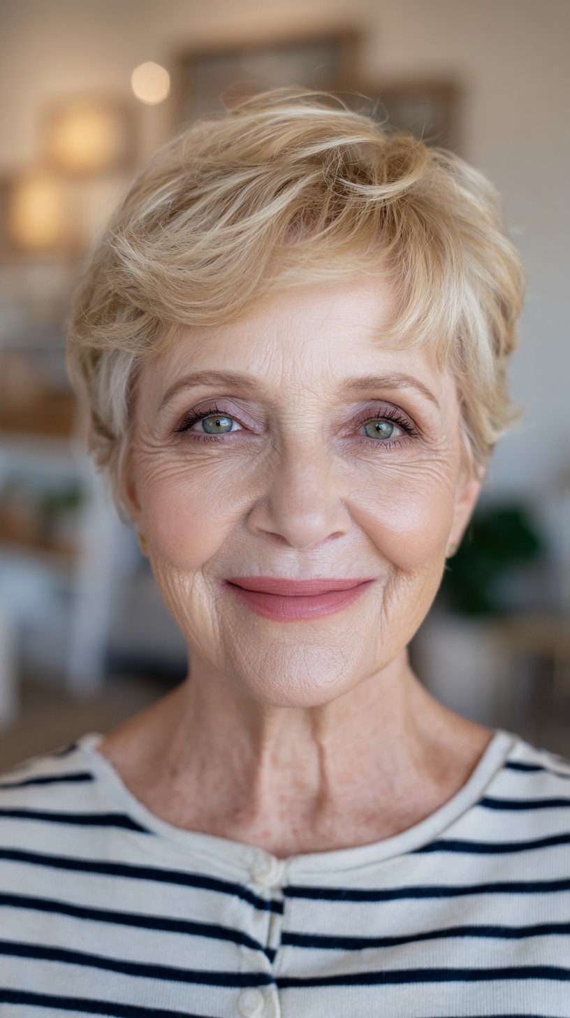 Buttery Blonde Pixie for a Fresh, Lifted Look — flattering hair color on a woman over 70 that brightens mature skin