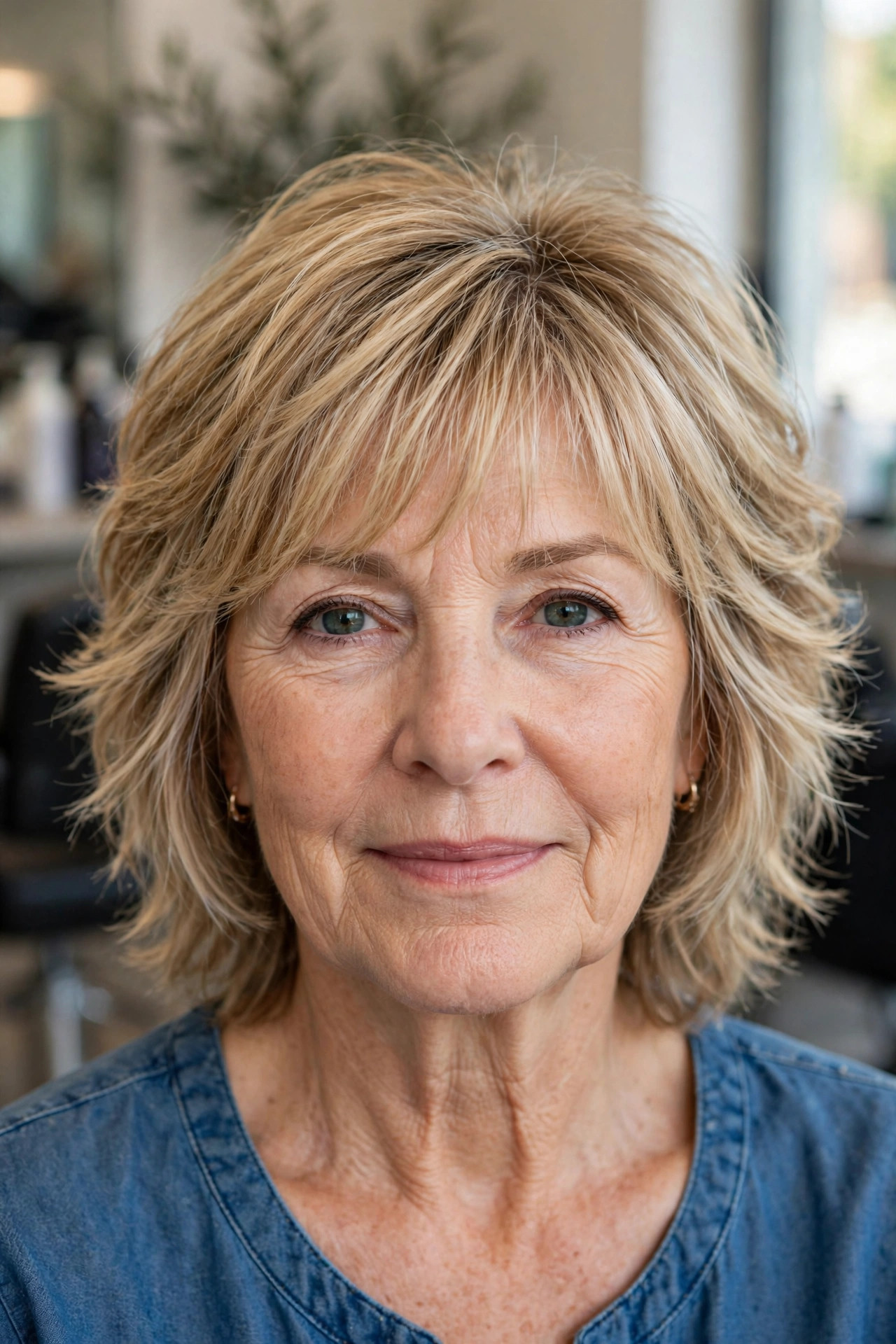 Feathered Shag with Wispy Bangs — woman over 50 with oval face