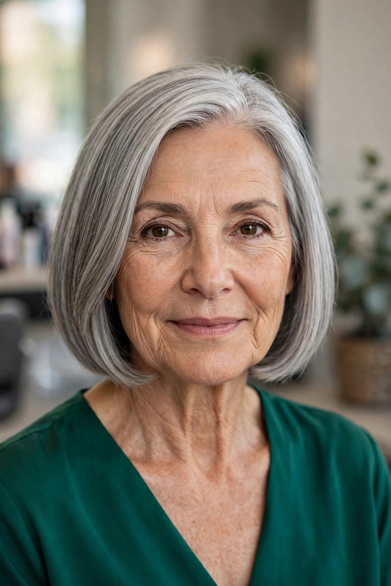 Silver Sleek Bob — woman over 50 with oval face