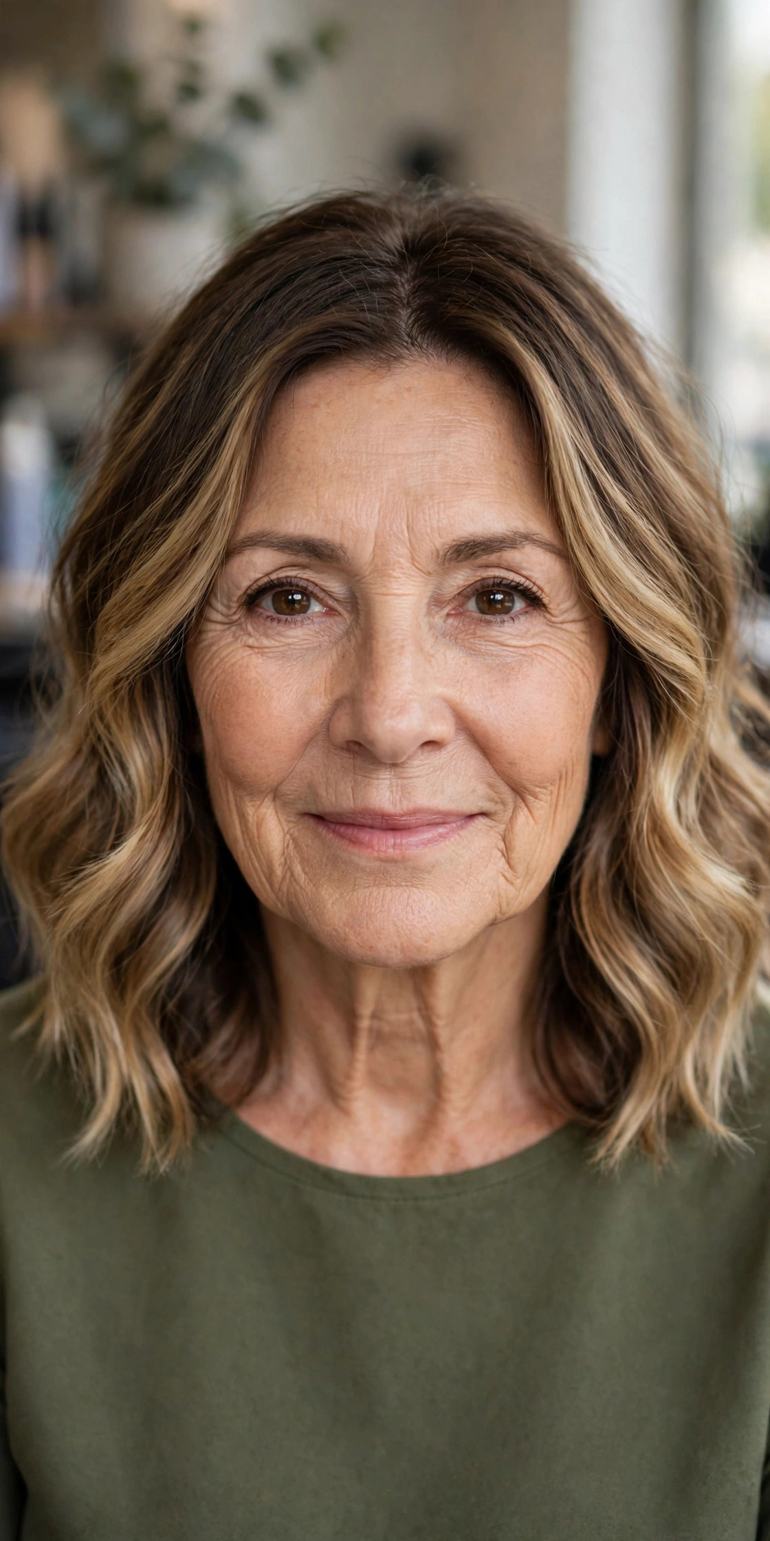Balayage Lob with Soft Waves — woman over 50 with oval face