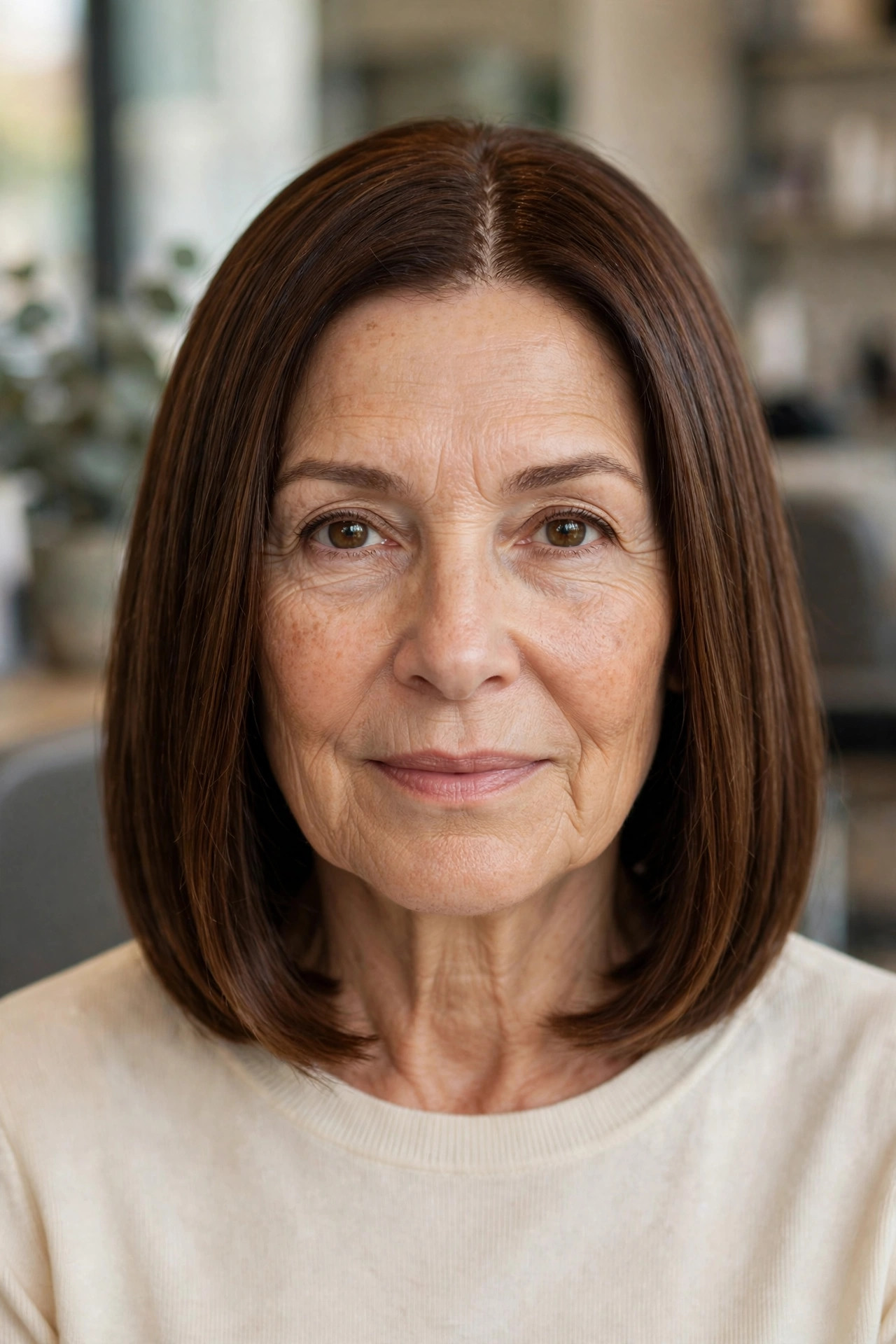 Sleek Center-Part Bob — woman over 50 with oval face