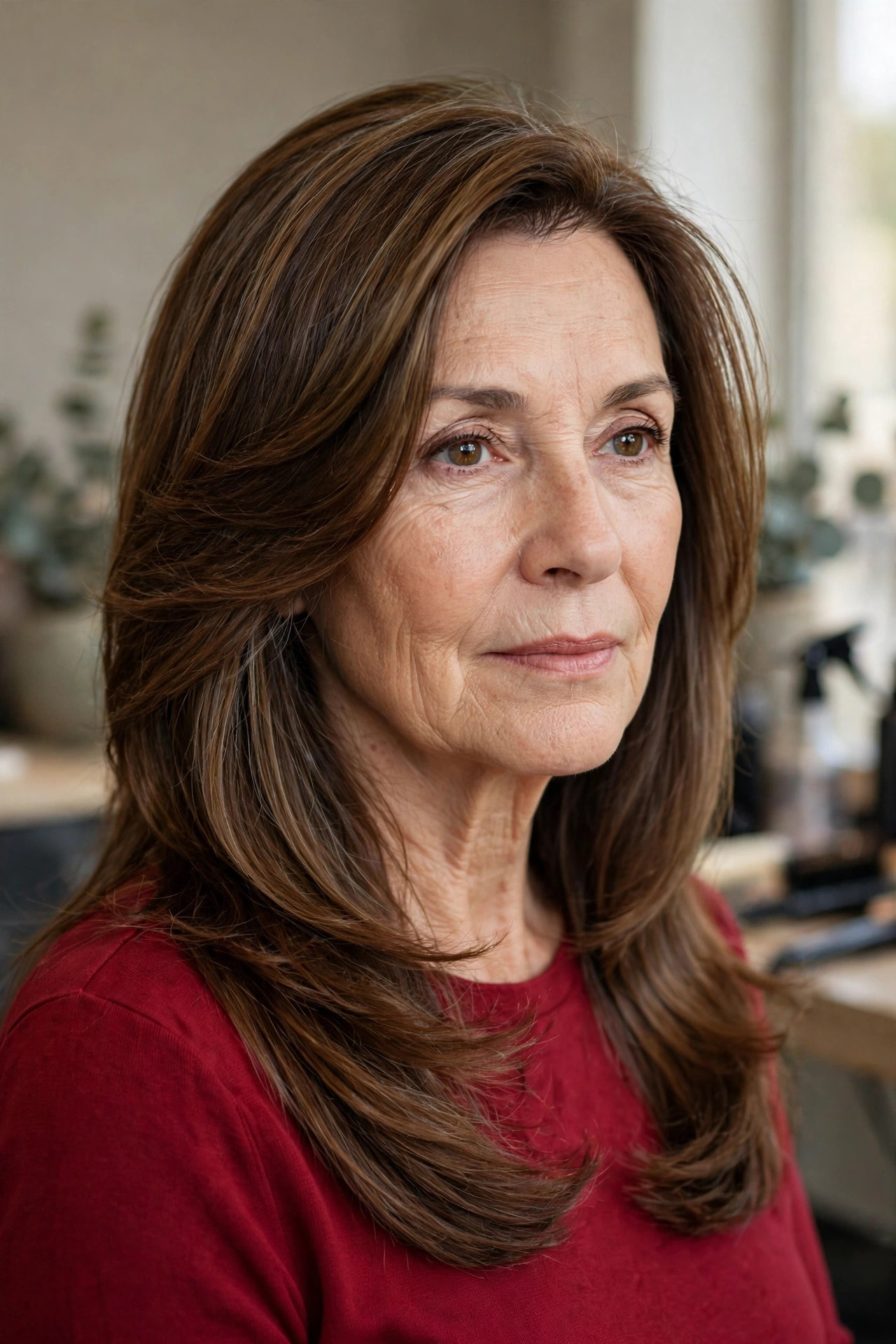 Long Side-Swept Layers — woman over 50 with oval face