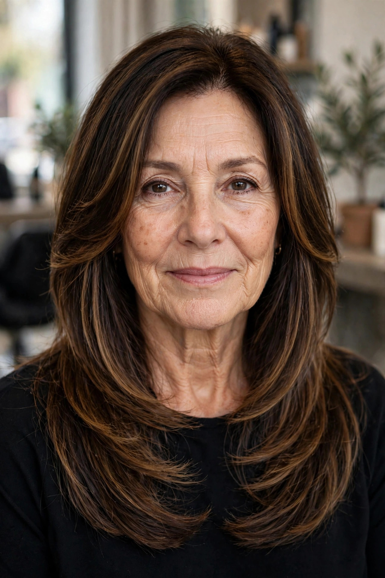 Long Face-Framing Layers — woman over 50 with oval face