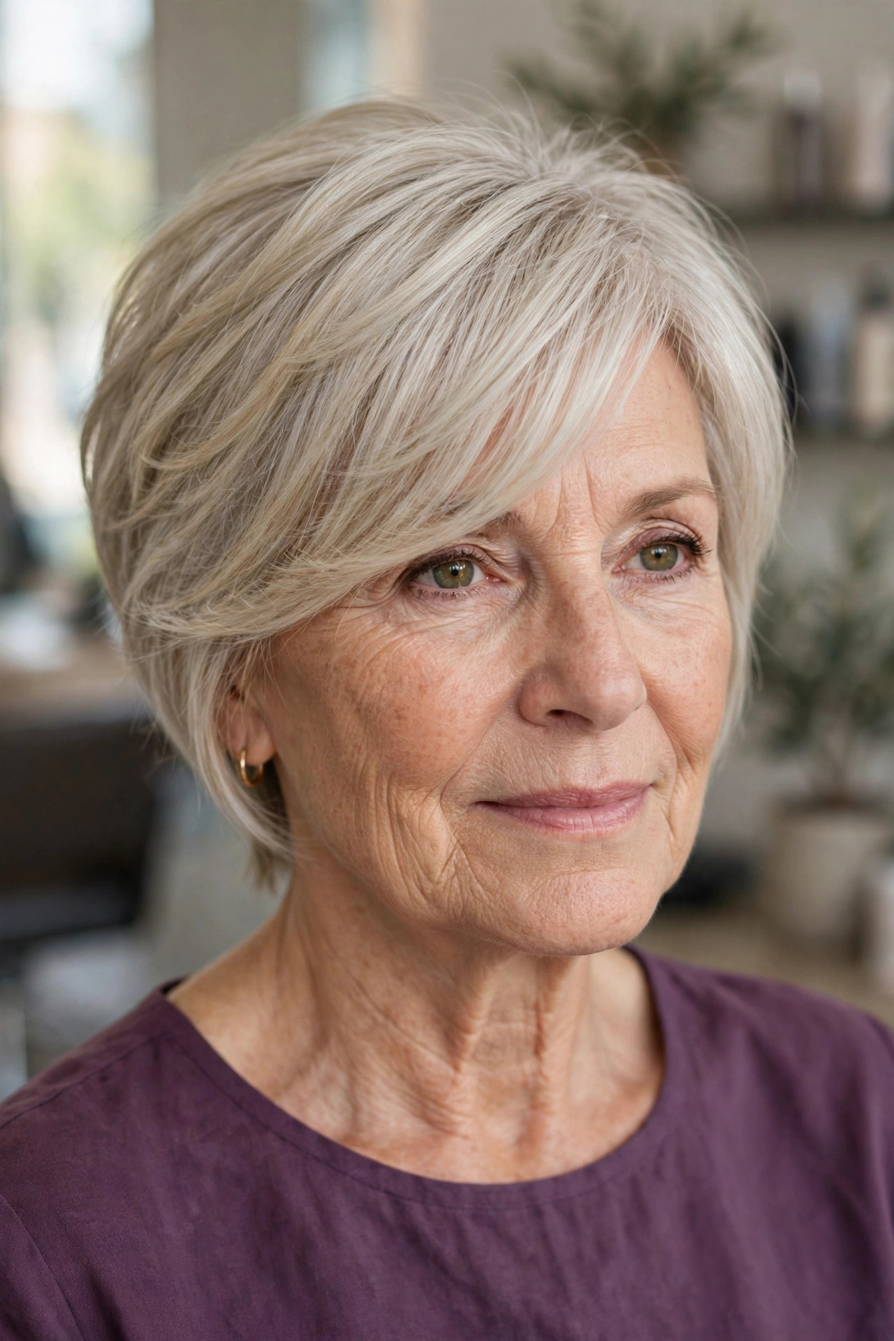 Long Pixie with Side-Swept Bangs — woman over 50 with oval face