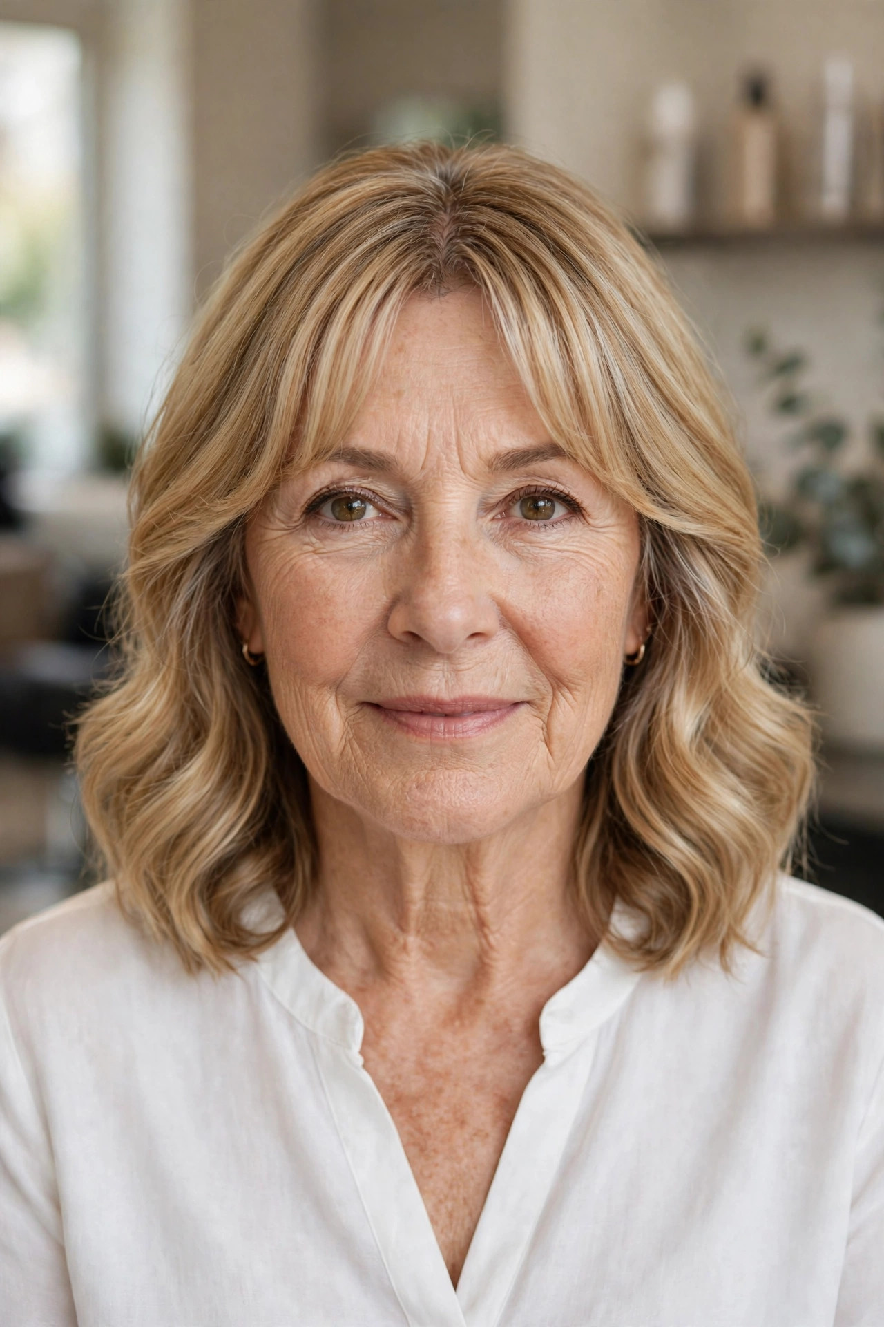 Wavy Lob with Curtain Bangs — woman over 50 with oval face