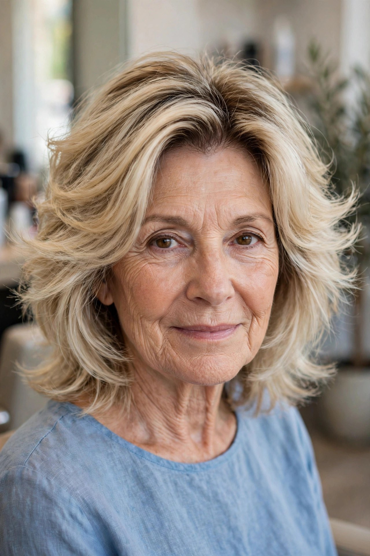 Feathered Mid-Length Cut - haircut for thick hair on a woman over 50