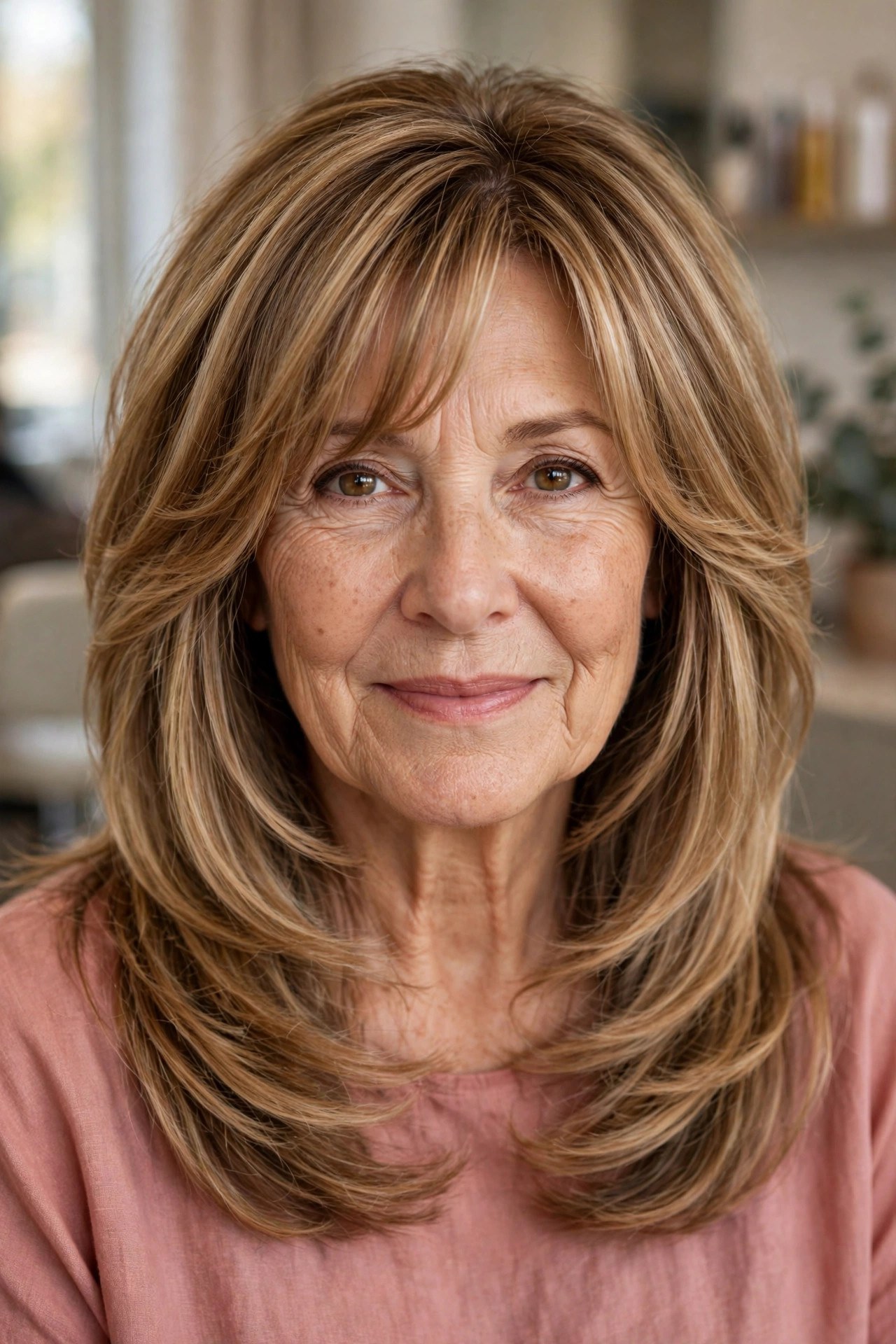 Layered Shoulder Cut with Curtain Bangs - haircut for thick hair on a woman over 50