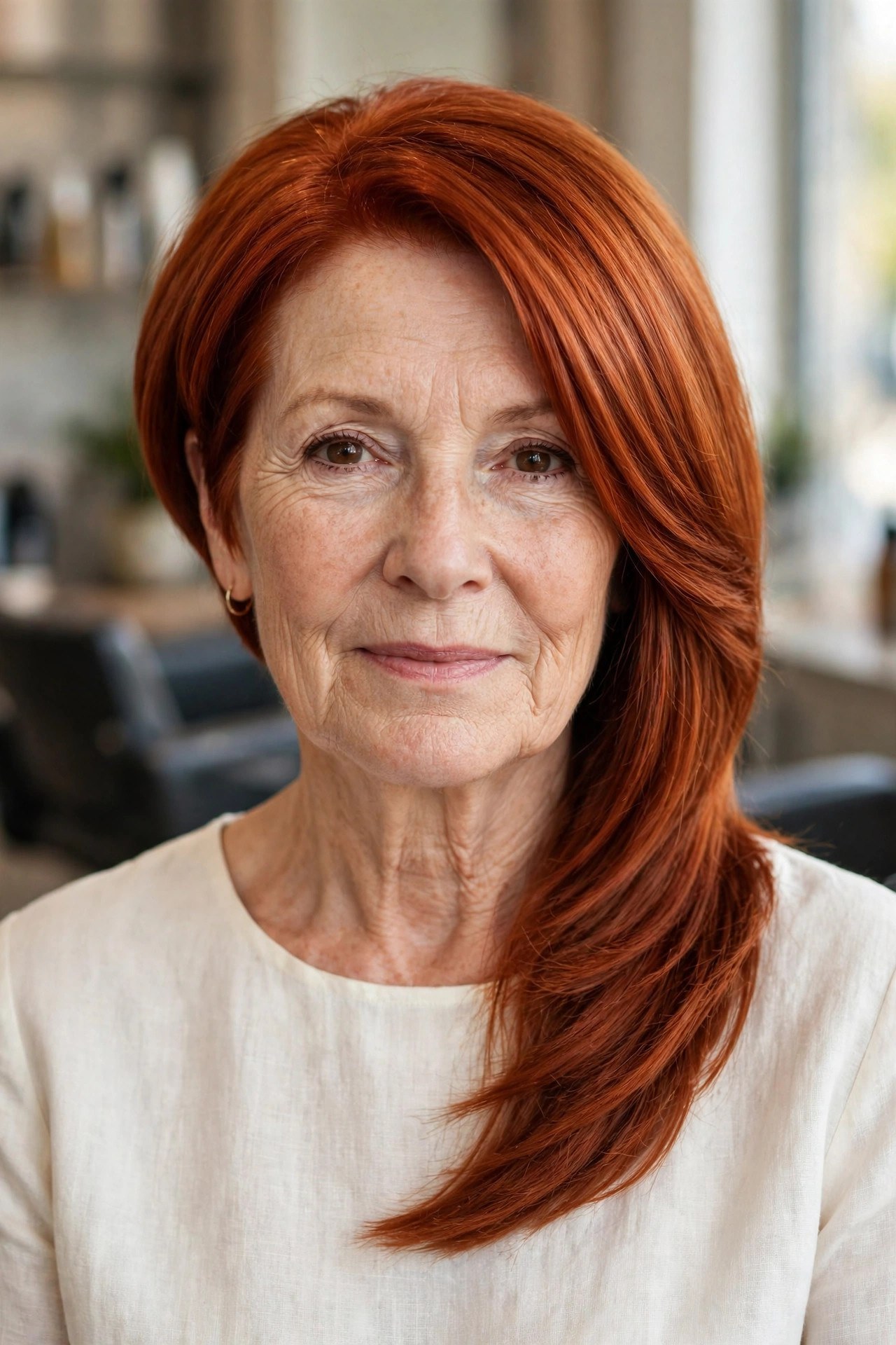 Asymmetric Cut with a Long Side Sweep - haircut for thick hair on a woman over 50