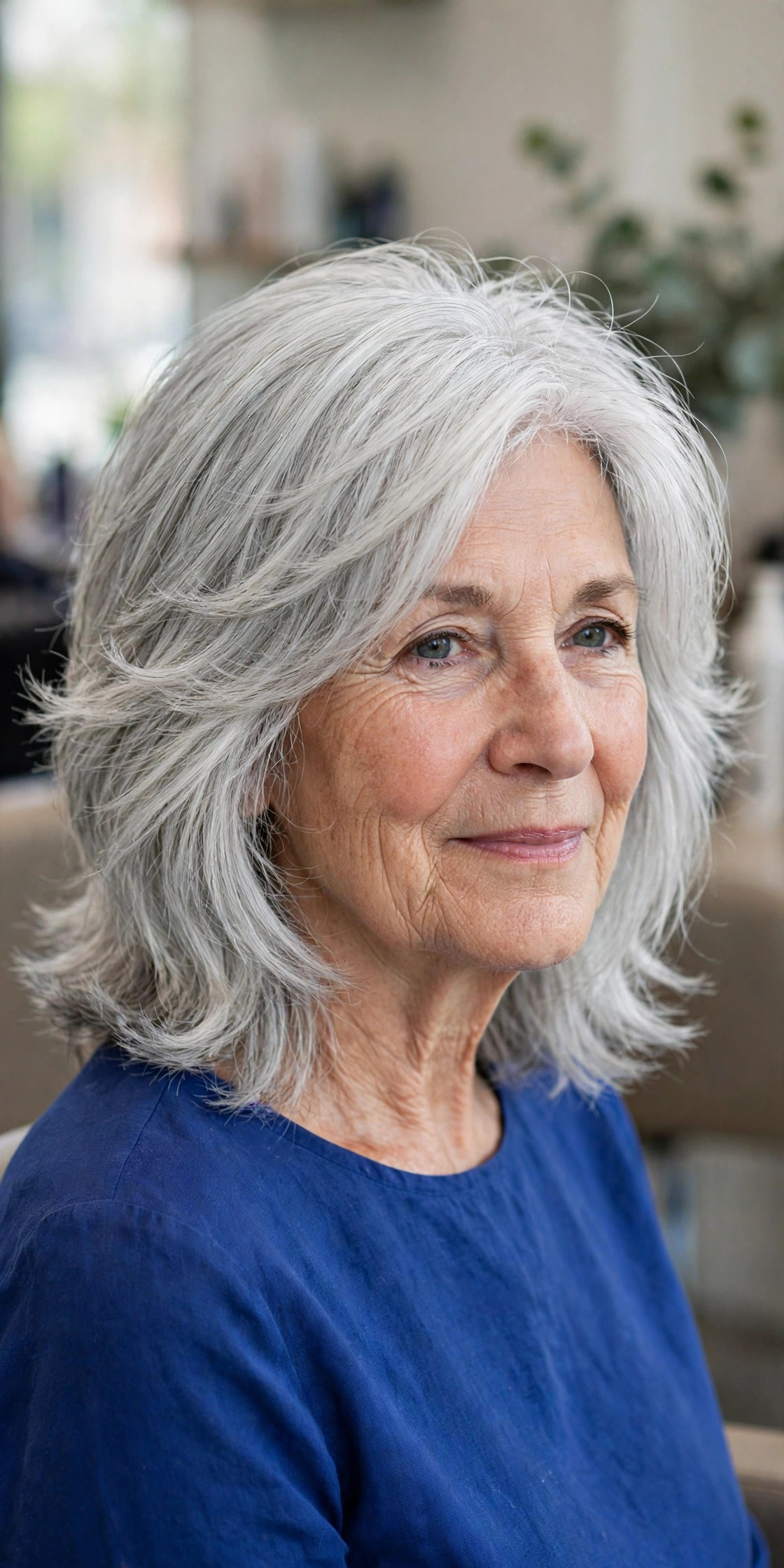 Silver Layered Midi with Point-Cut Ends - haircut for thick hair on a woman over 50
