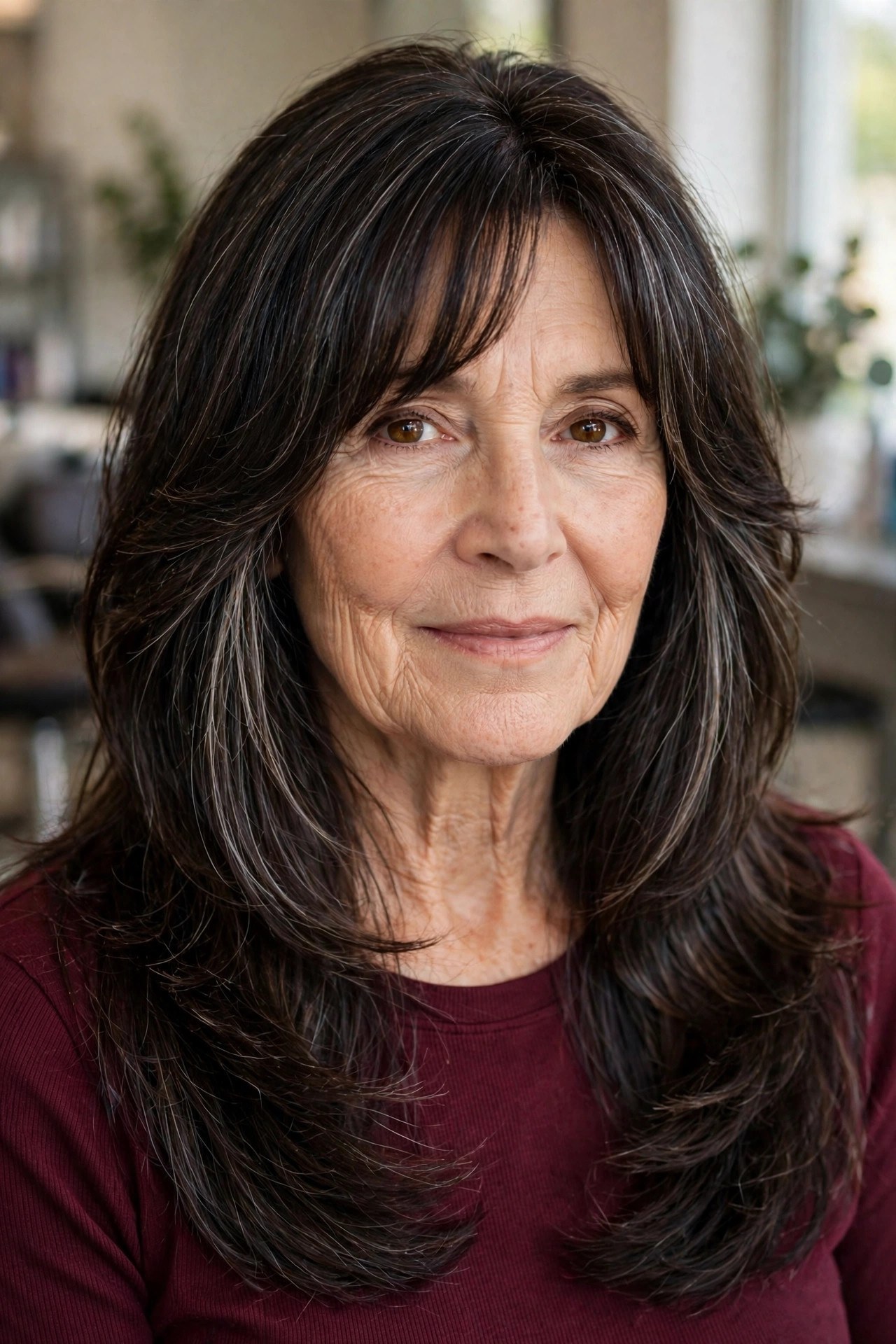 Long Layers with a Face-Framing Curtain - haircut for thick hair on a woman over 50