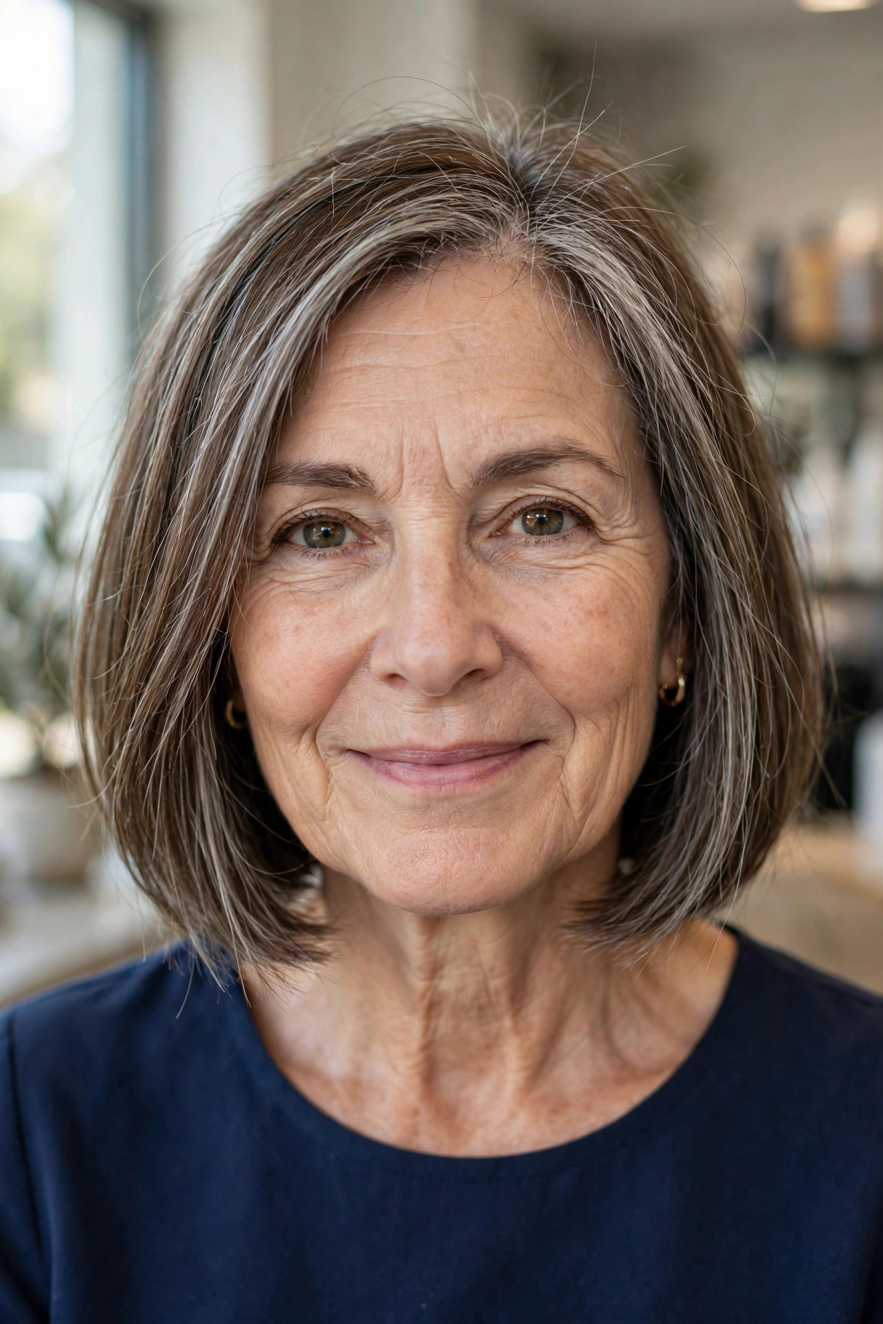blunt chin-length bob on fine thin hair, woman over 50