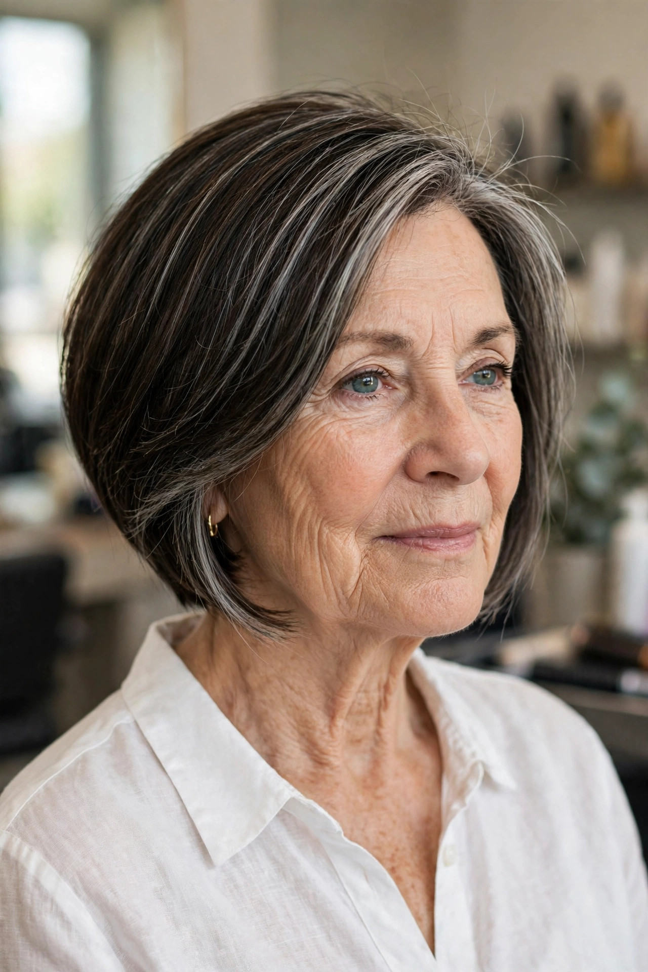 angled bob longer in front on fine dark hair with silver streaks, woman over 50
