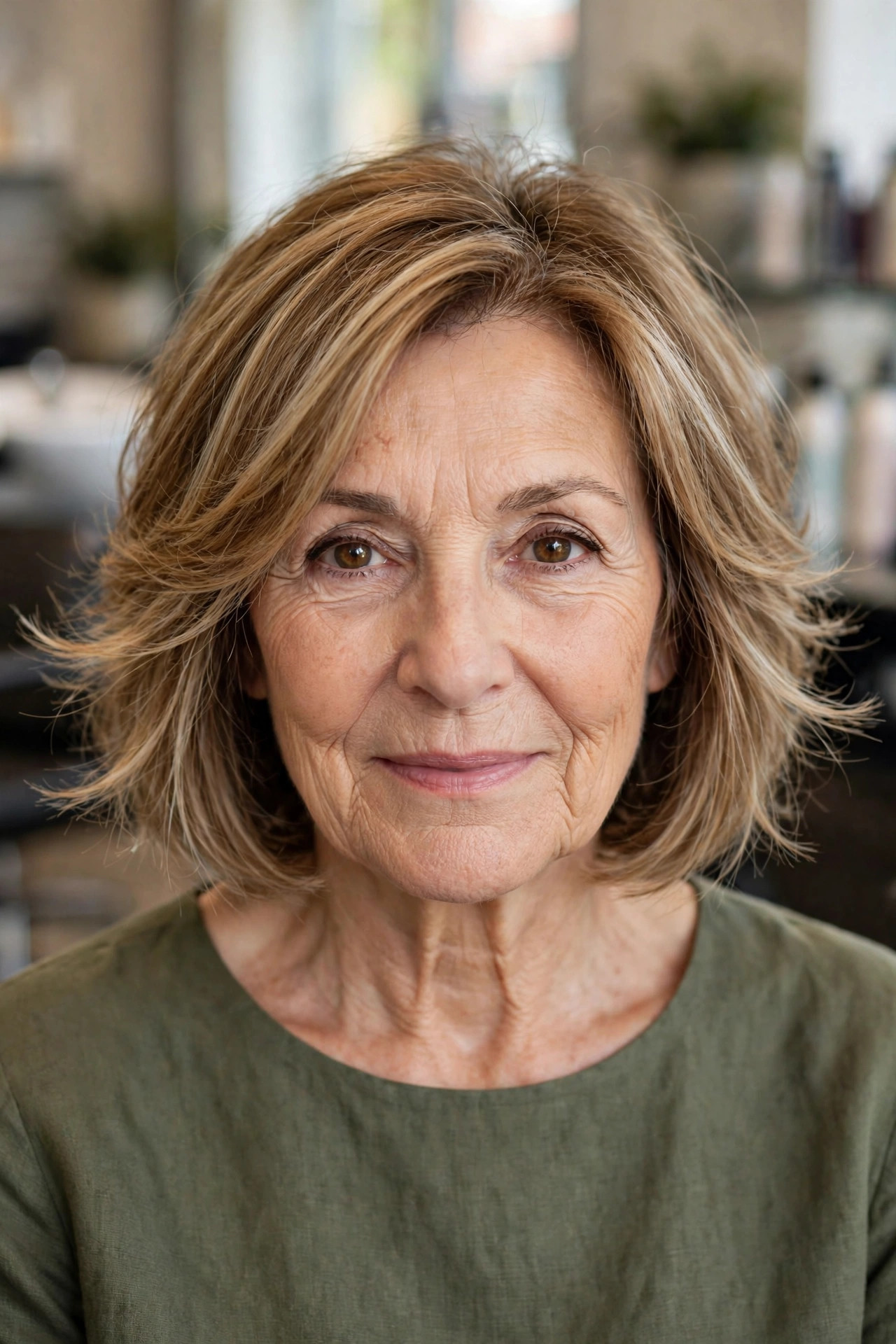feathered layered bob on fine highlighted hair, woman over 50