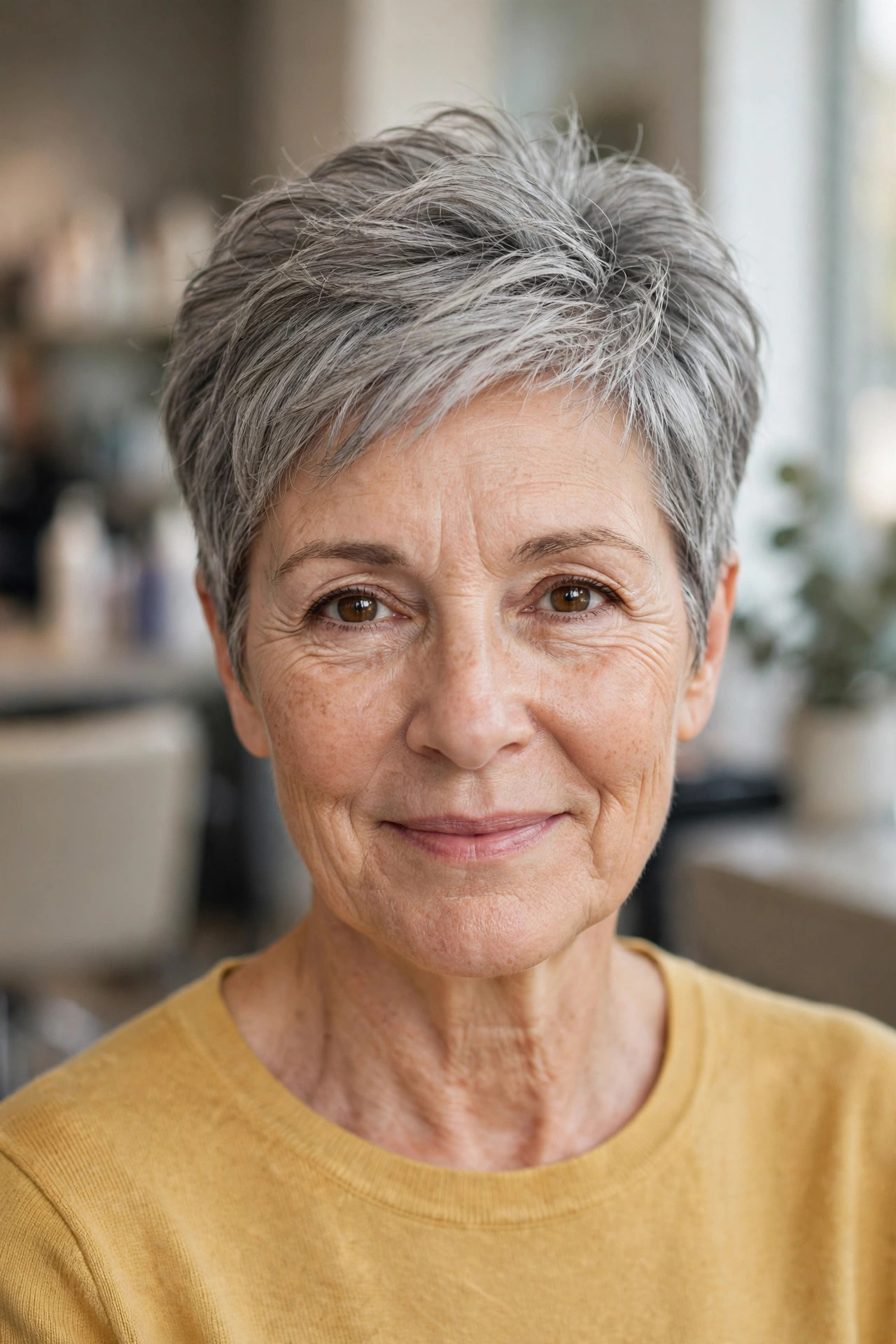 tapered pixie with crown layers on fine gray hair, woman over 50