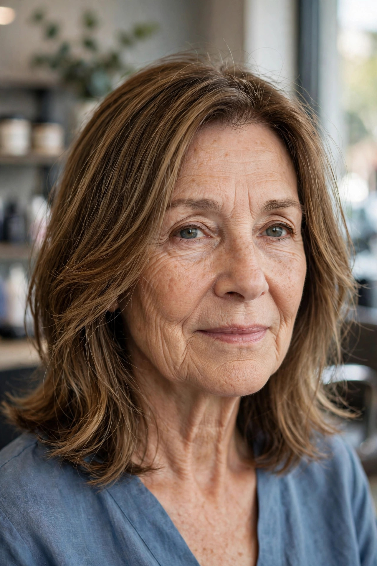 shoulder-length cut with face-framing layers on fine brown hair, woman over 50