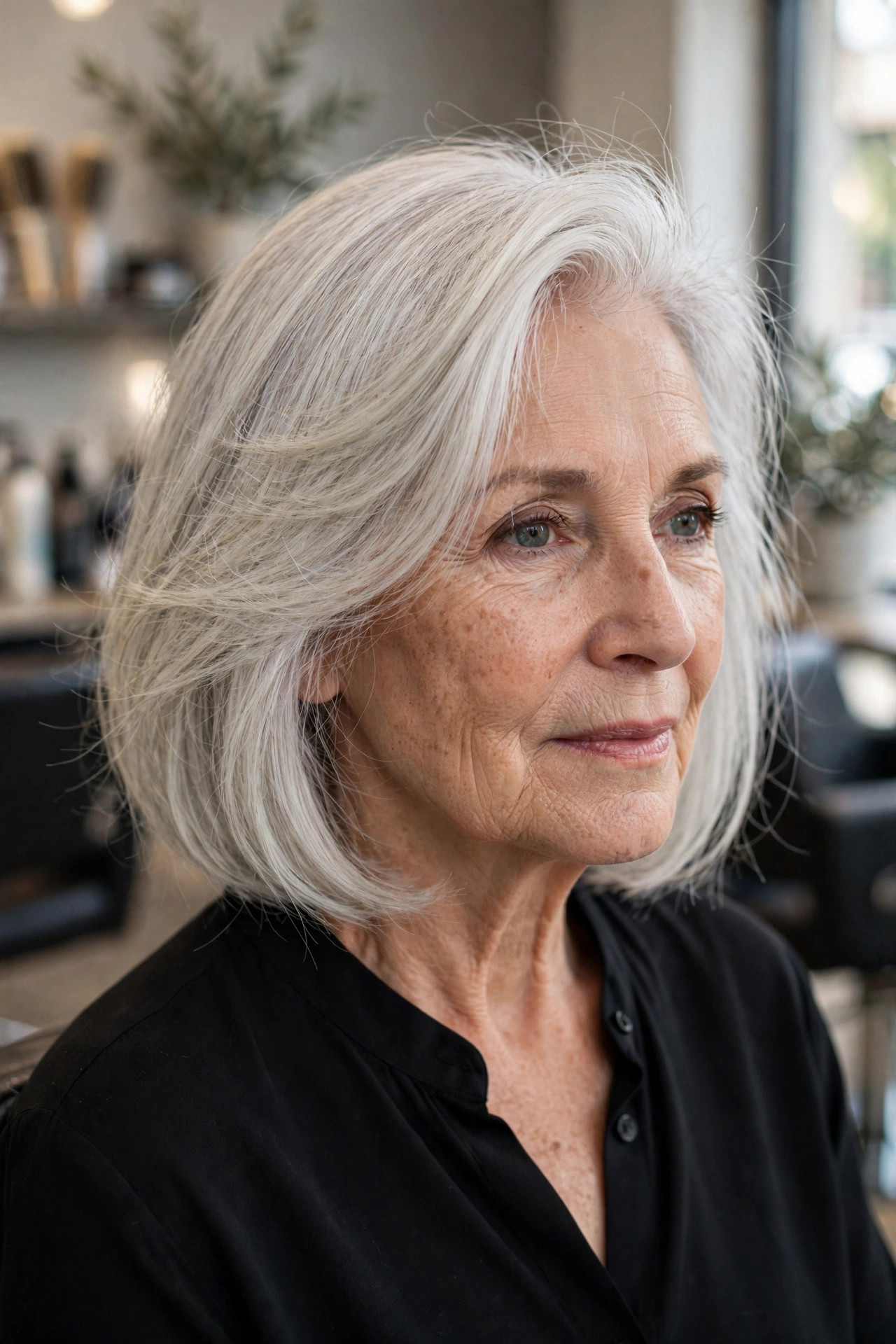 deep side-part bob on fine platinum silver hair, woman over 50