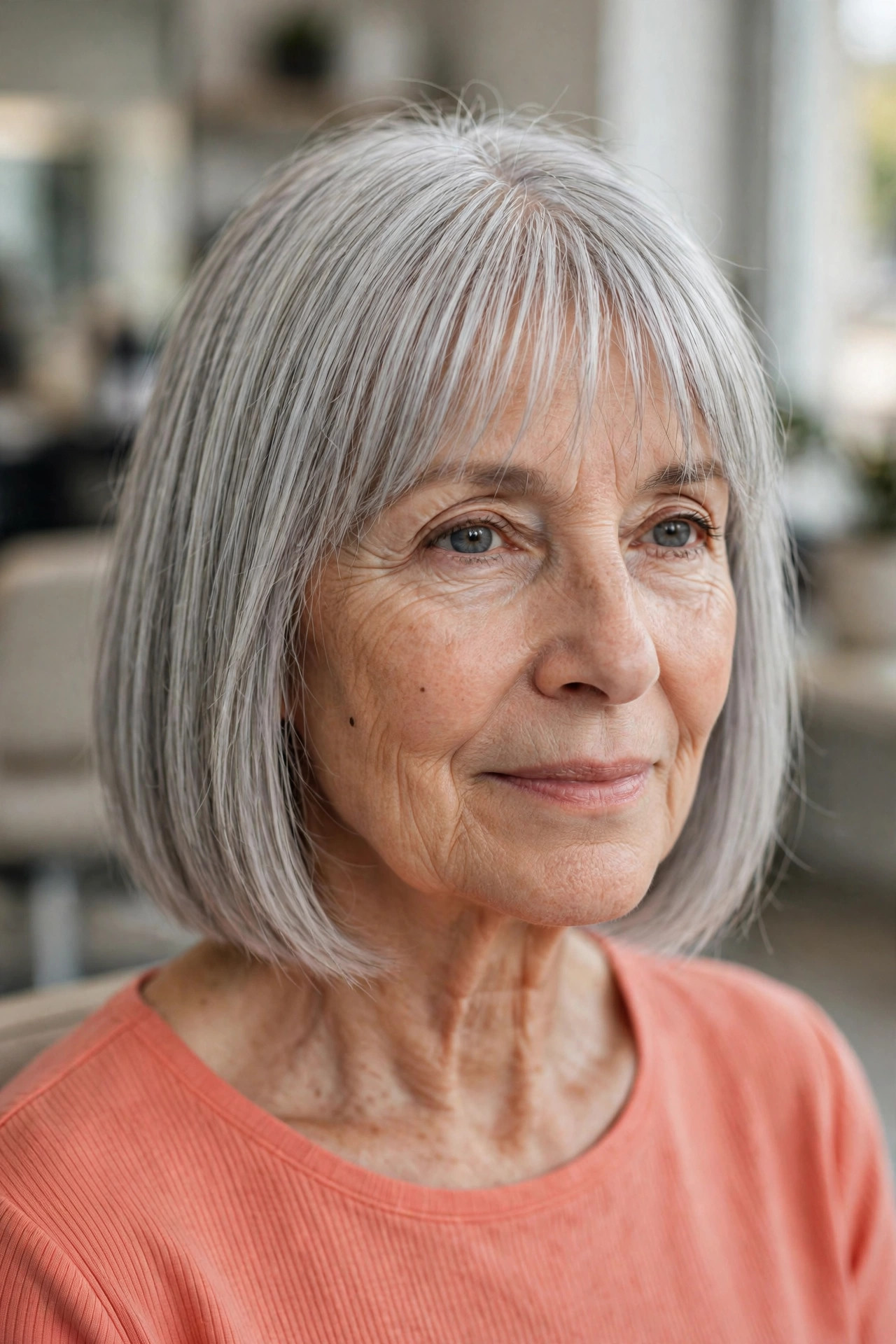 blunt cut with wispy bangs on fine silver gray hair, woman over 50