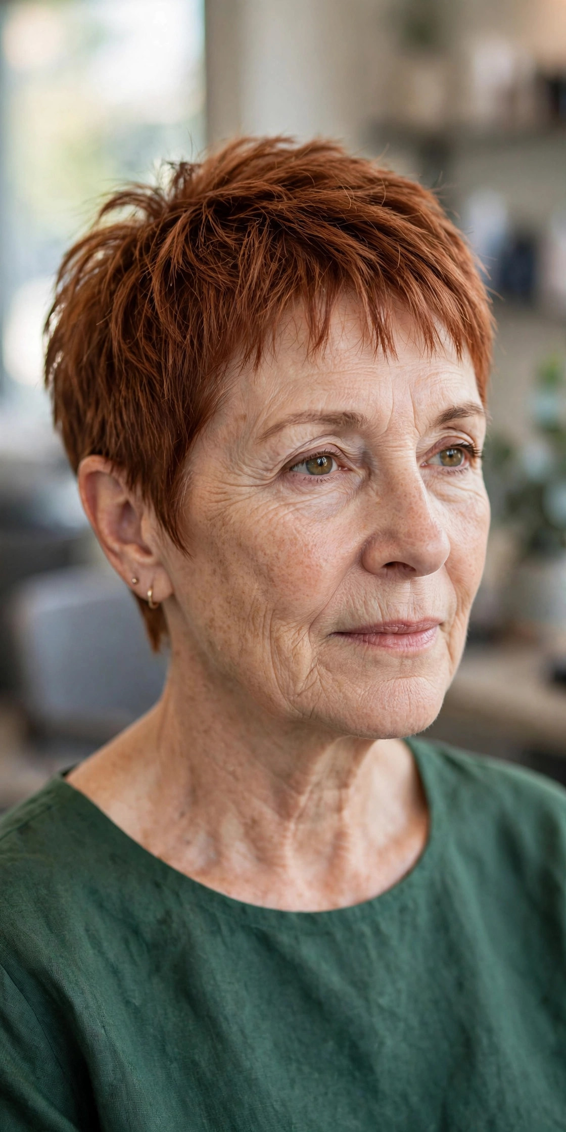 short textured crop on fine copper hair, woman over 50